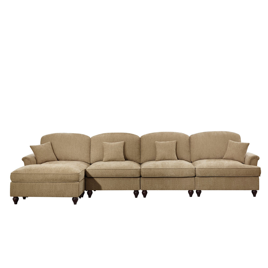 Classic Three Seater Modular L Shaped Sectional Couch with Flared Arms and Removable Ruffles Pleats Skirts and Spindle Legs, Comfy Chenille Four-Seat Deep Seat Sofa with Movable Ottoman, Light Coffee