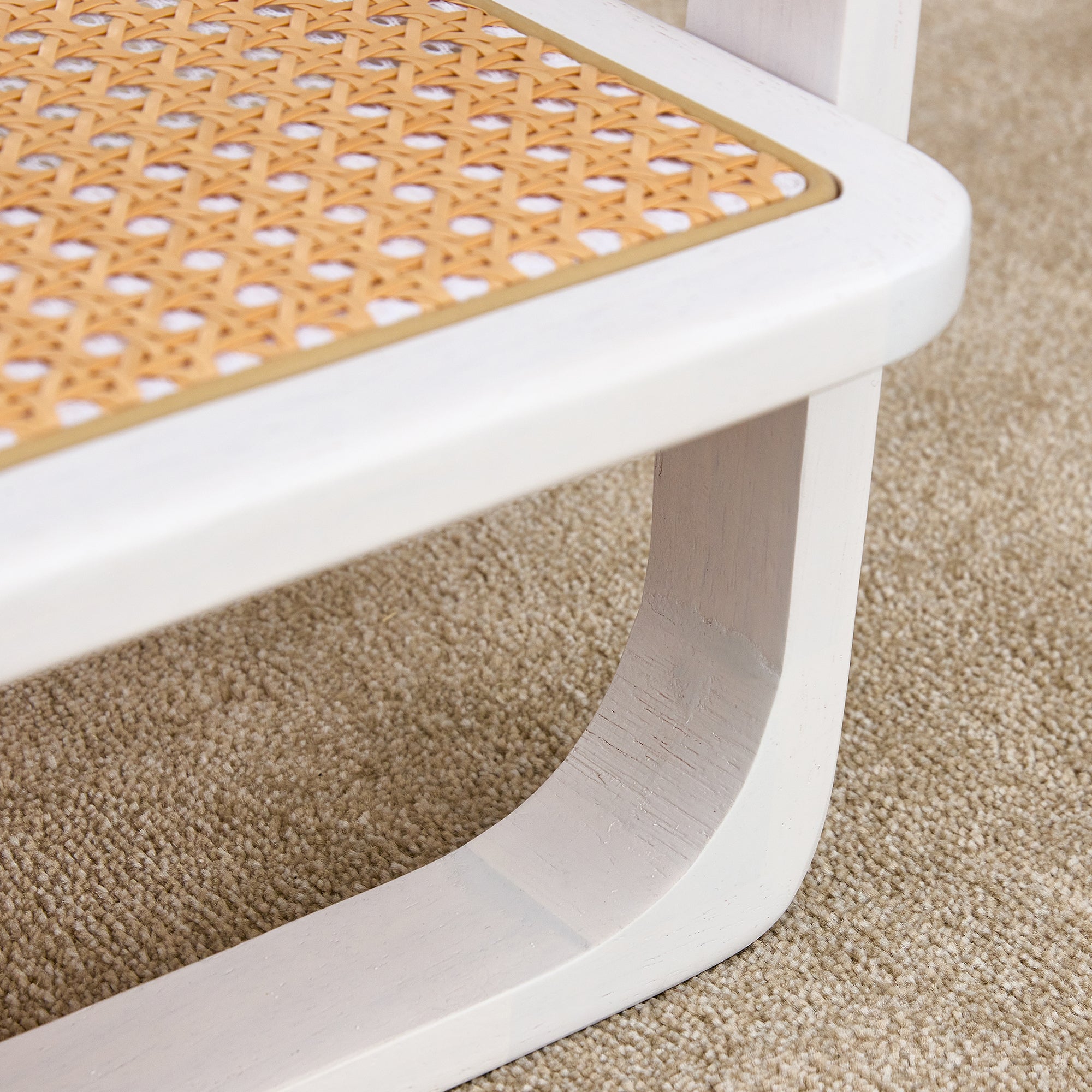 Modern minimalist white double layered solid wood coffee table. Glass tabletop, imitation rattan  edge table. Rectangular table suitable for living room, dining room, and bedroom
