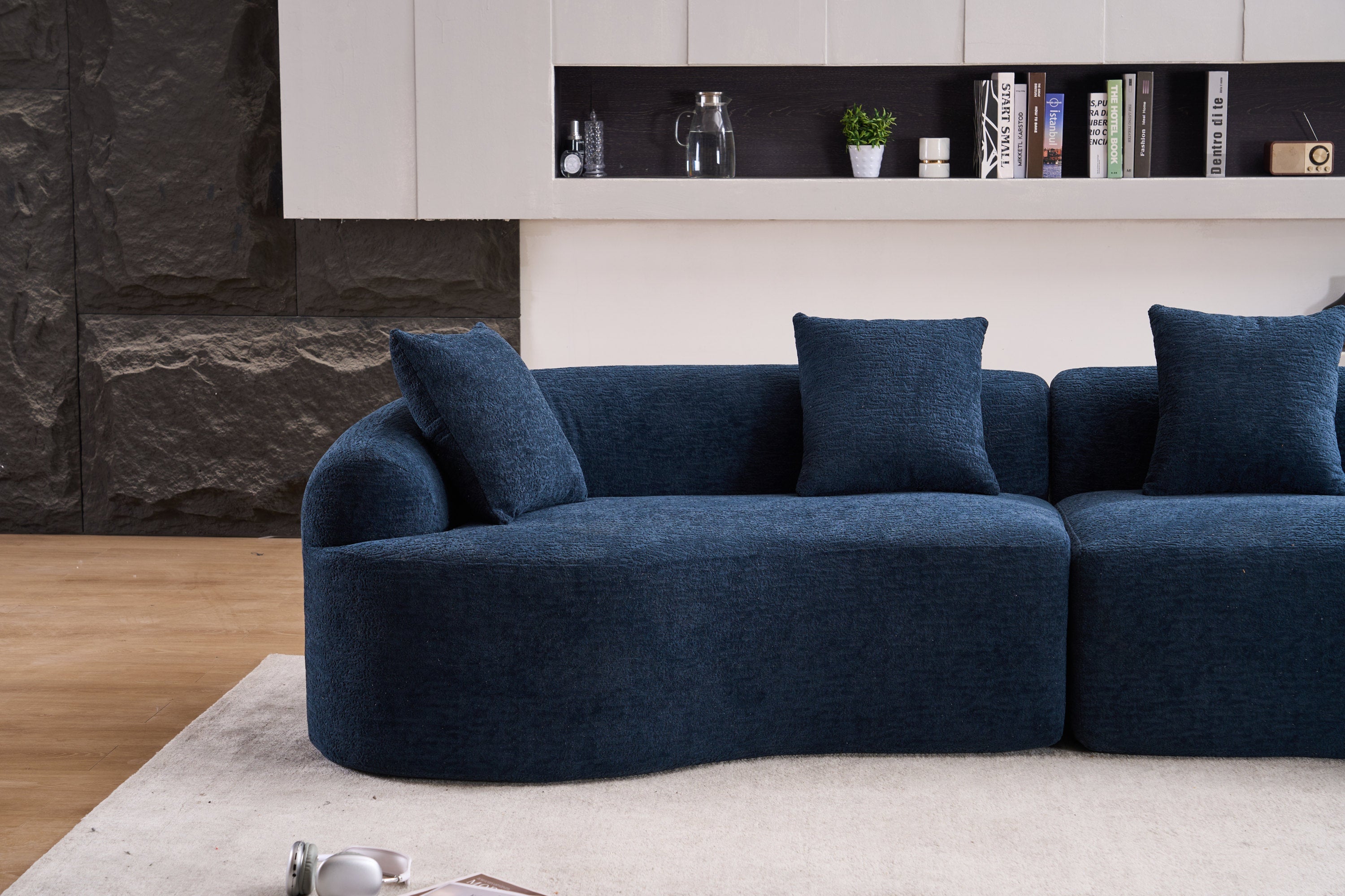 Compression Sponge Sofa Blue Curved Modular Sectional, 30D High-Density Chenille Sleeper Couch for Apartment, Living Room,110'L