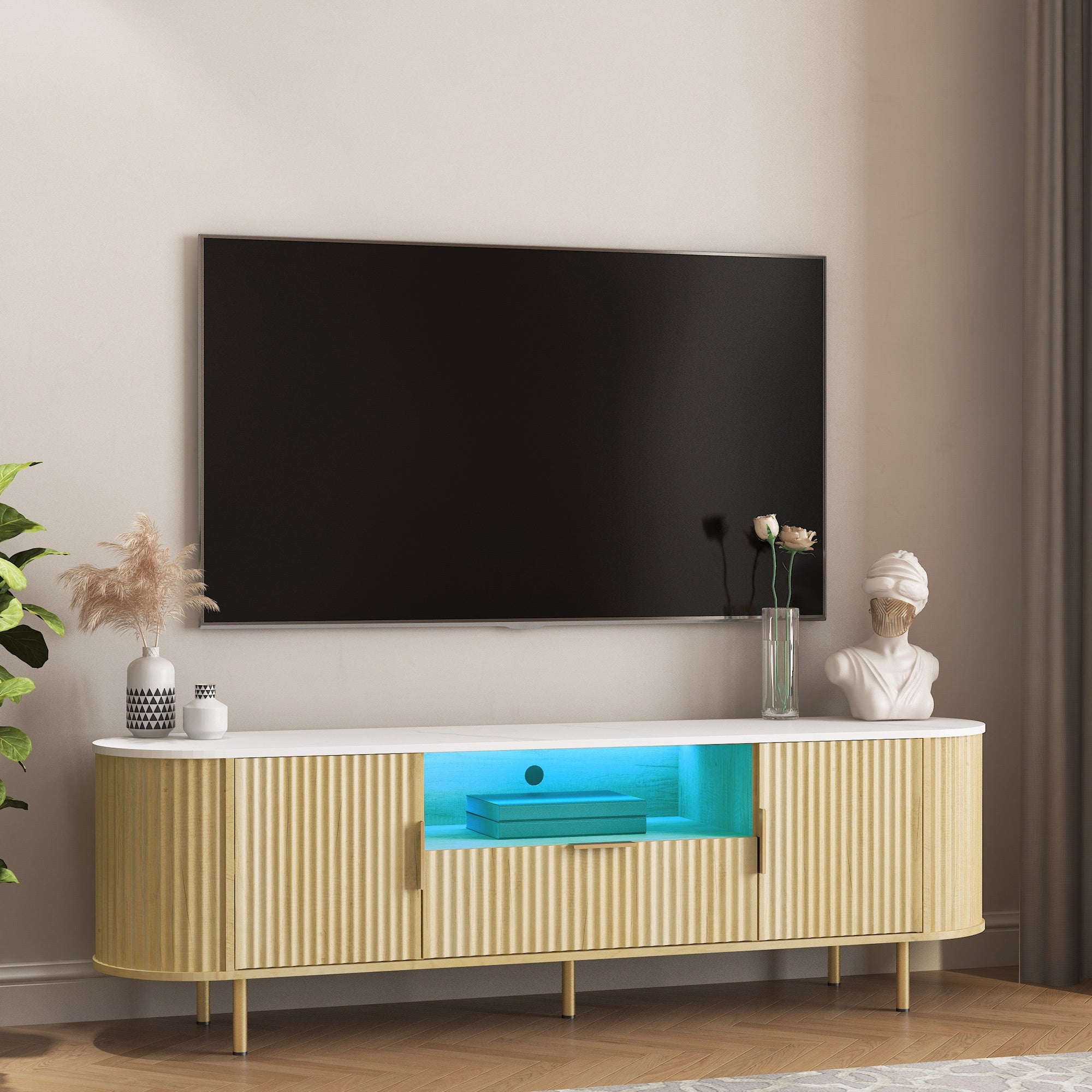 Lving Room Floor-standing TV Cabinet with 16 Color LEDs, Entertainment Center with Storage Doors, TV Console Media Cabinet,  for 55+ Inch TV, Living Room