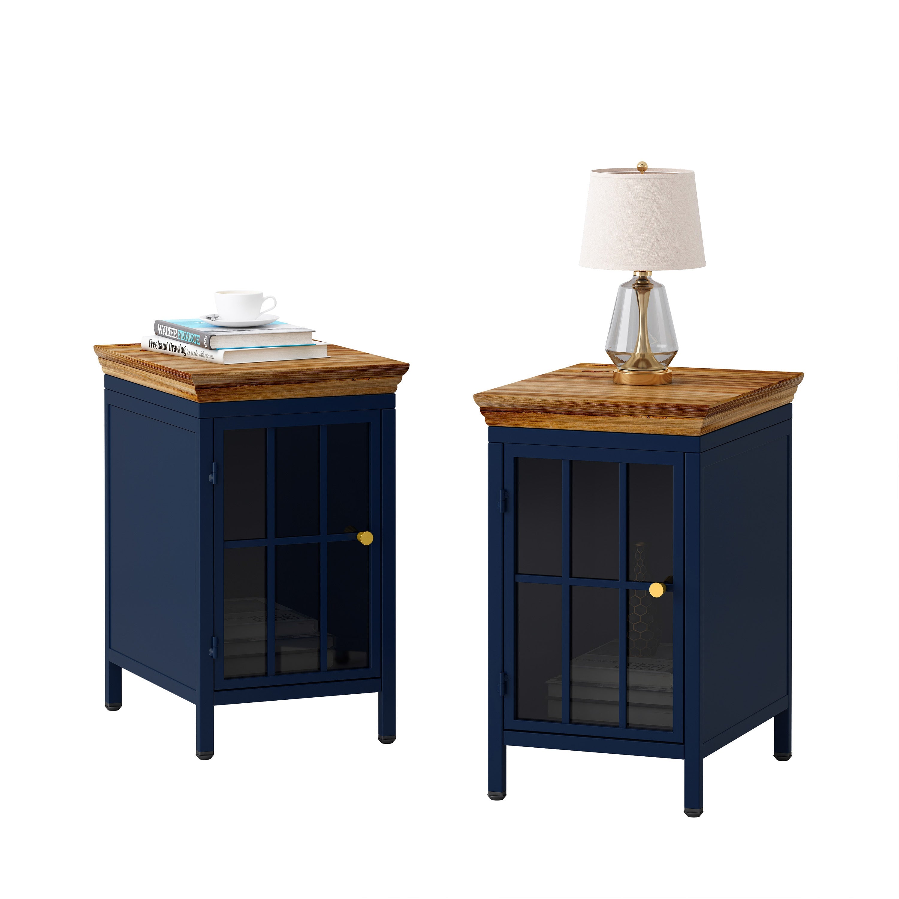 Nightstand with Storage Cabinet & Solid Wood Tabletop, Bedside Table, Sofa Side Coffee Table for Bedroom, Living Room, Dark Blue(Set of Two Pieces)