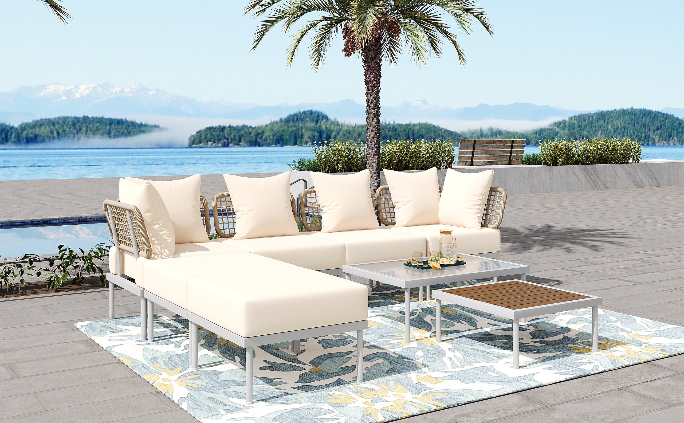TREXM 8-Piece Patio Sectional Sofa Set with Tempered Glass Coffee Table and Wooden Coffee Table for Outdoor Oasis, Garden, Patio and Poolside (Beige Cushion + White Steel)