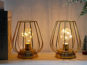 JHY DESIGN 7'' tall metal lantern lamps set of 2 with gold cage frames, cordless battery powered