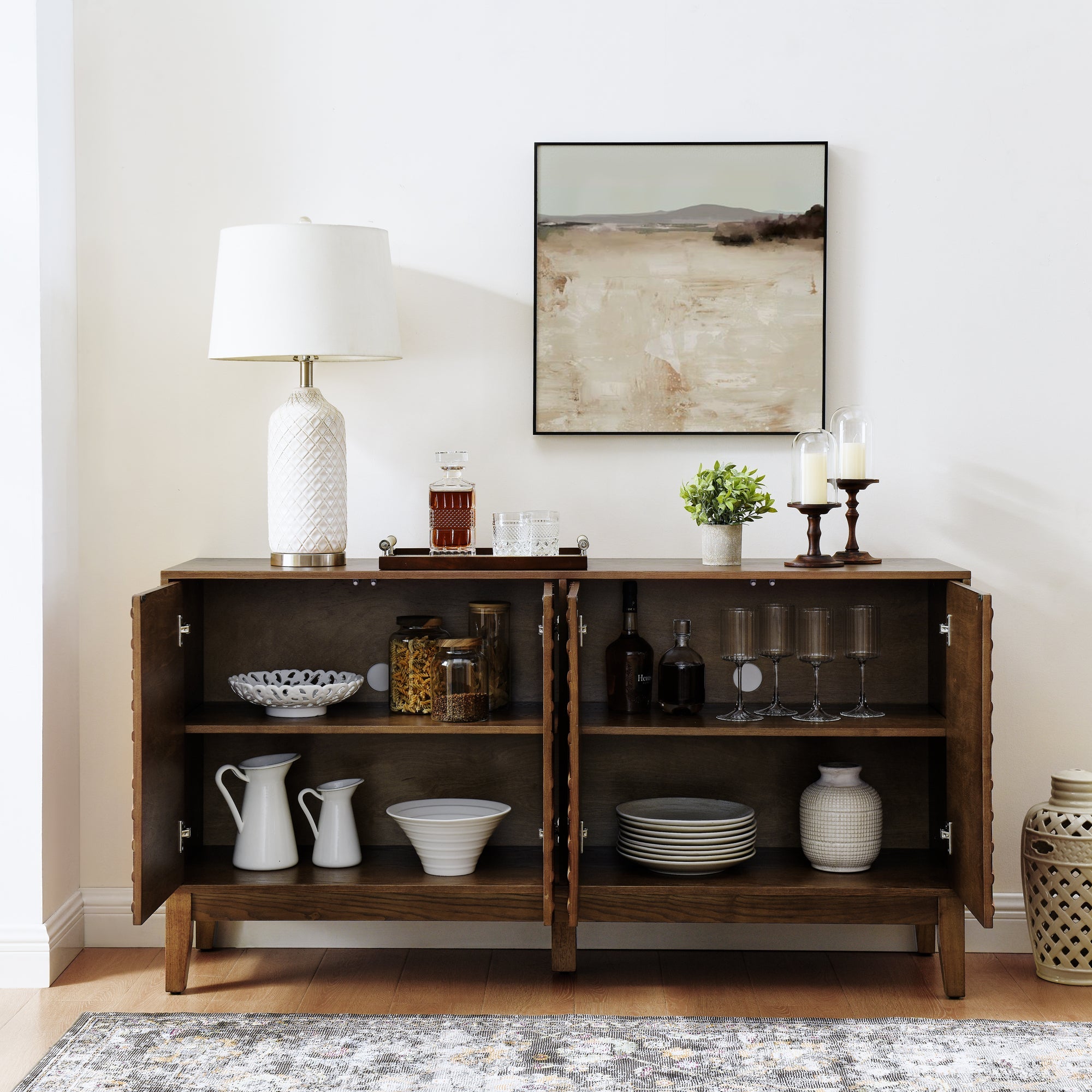 60.5'' Buffet Cabinet with Storage, Farmhouse Fluted Sideboard with Geometric Pattern & Adjustable Shelves, Mid Century Modern TV Stand for Living Room Kitchen Dining Room Entryway, Walnut