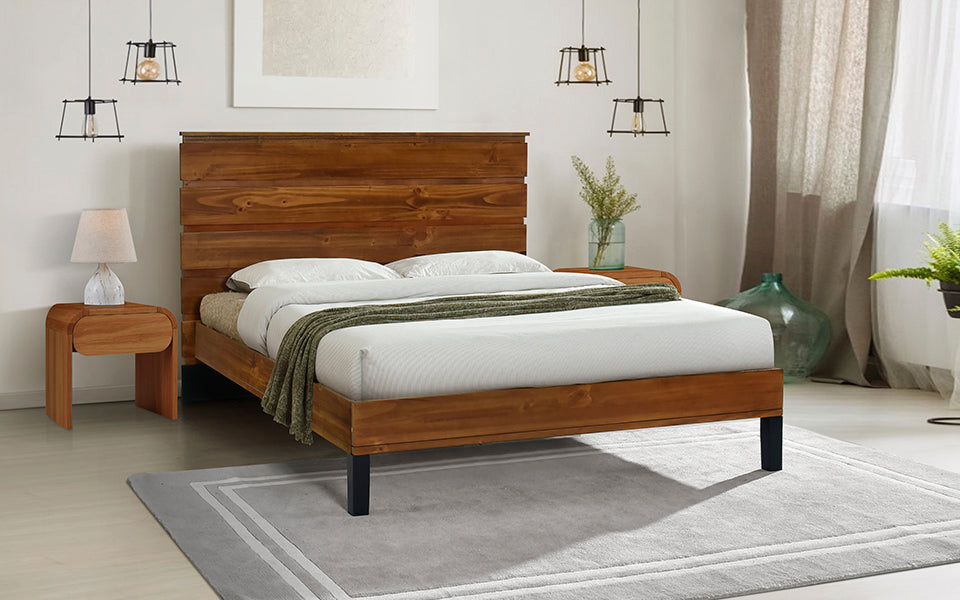 Mid-Century Modern Solid Wood Bed Frame Full Size Platform Bed with Six-Piece Headboard Design, No Box Spring Needed, Brown