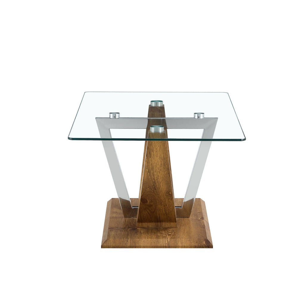 Modern minimalist transparent tempered glass coffee table with wooden MDF legs and stainless steel decorative columns. Computer desk. Game table. CT-907