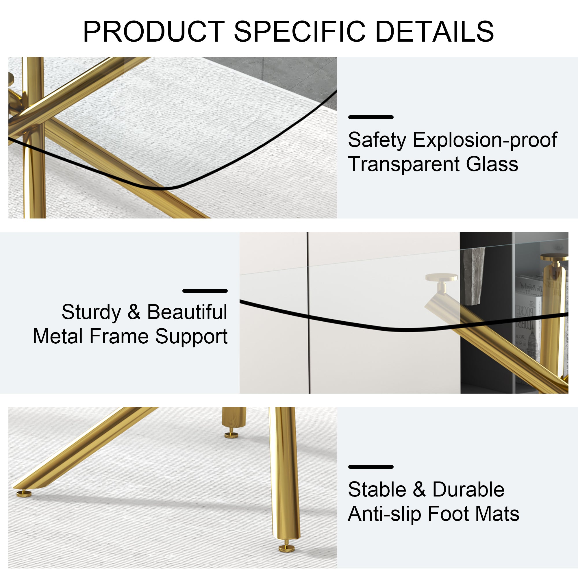 Large Modern Minimalist Rectangular Glass Dining Table with 0.39' Tempered Glass Top and Gilded Metal Legs for Kitchen, Dining Room, Living Room, Meeting Room, Ballroom 71' x 35.4' x 30'.