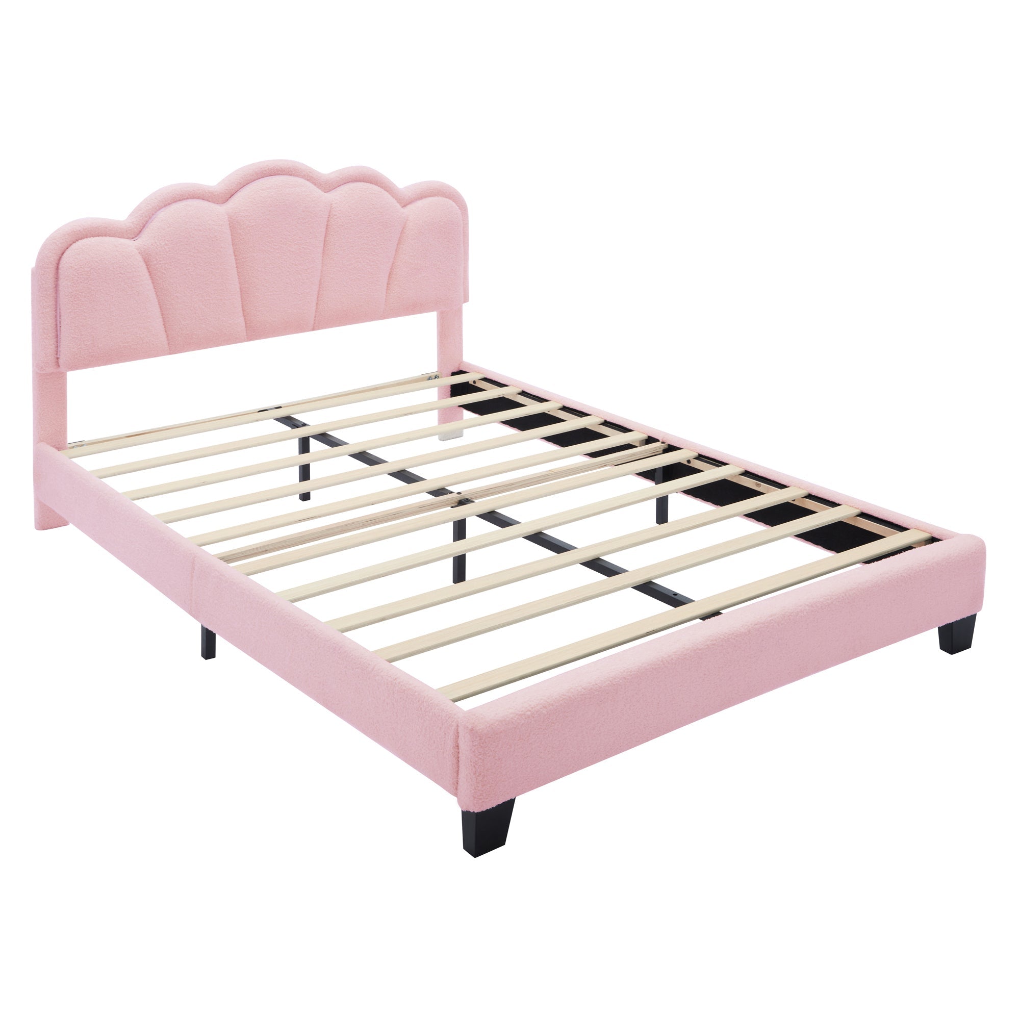 2-Pieces Bedroom Sets Full Size Flower-Shaped Upholstered LED Platform Bed with Storage Ottoman-Sherpa Fabric, Pink