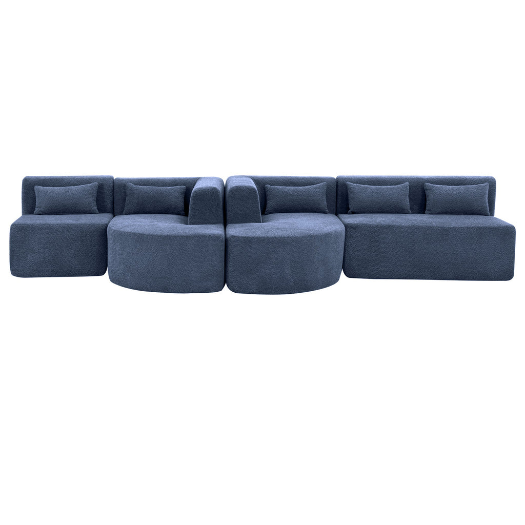 144' Upholstered Sofa Free-combined Sofa Couch with Two Chaise Lounge and Five Back Pillows for Living Room, Blue
