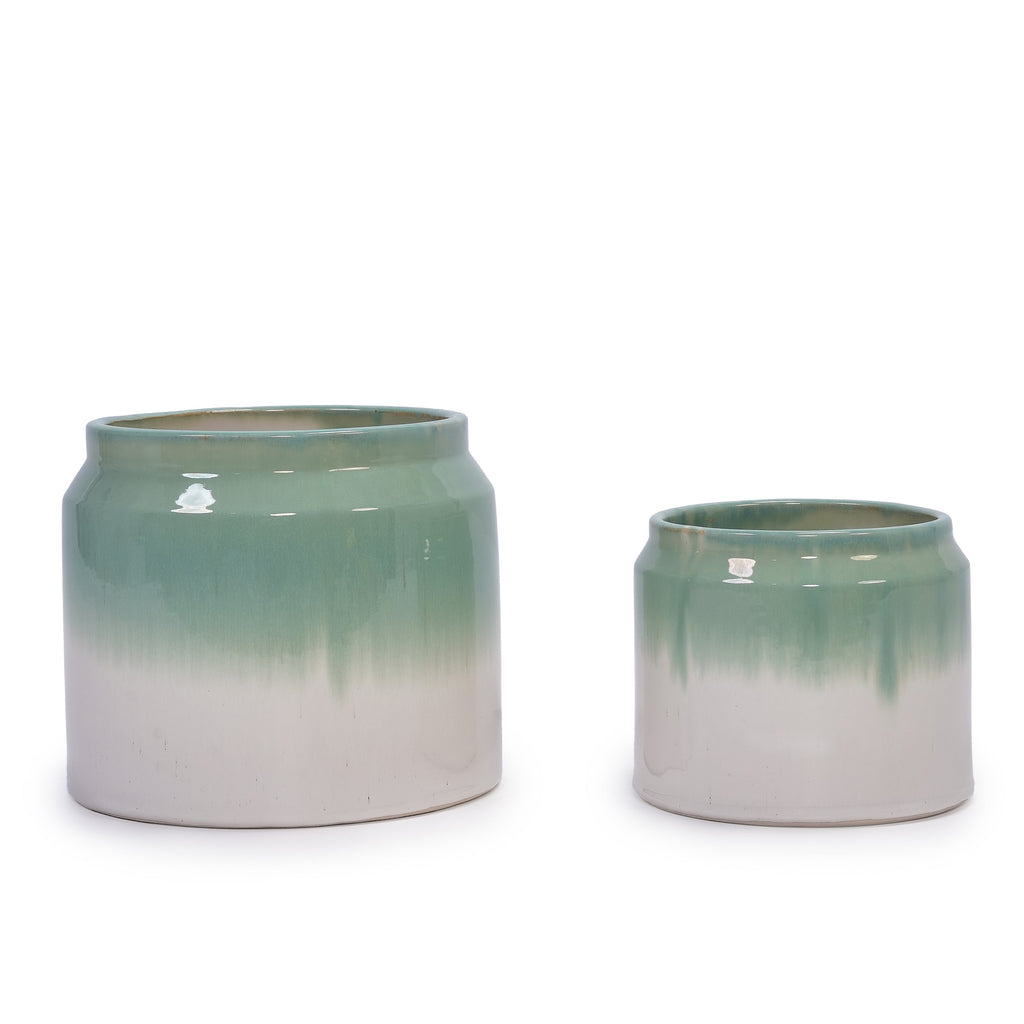 Set of 2 Gradient Ceramic Flowerpot, Modern Planter for Patio, Garden, Windowsill - White Green