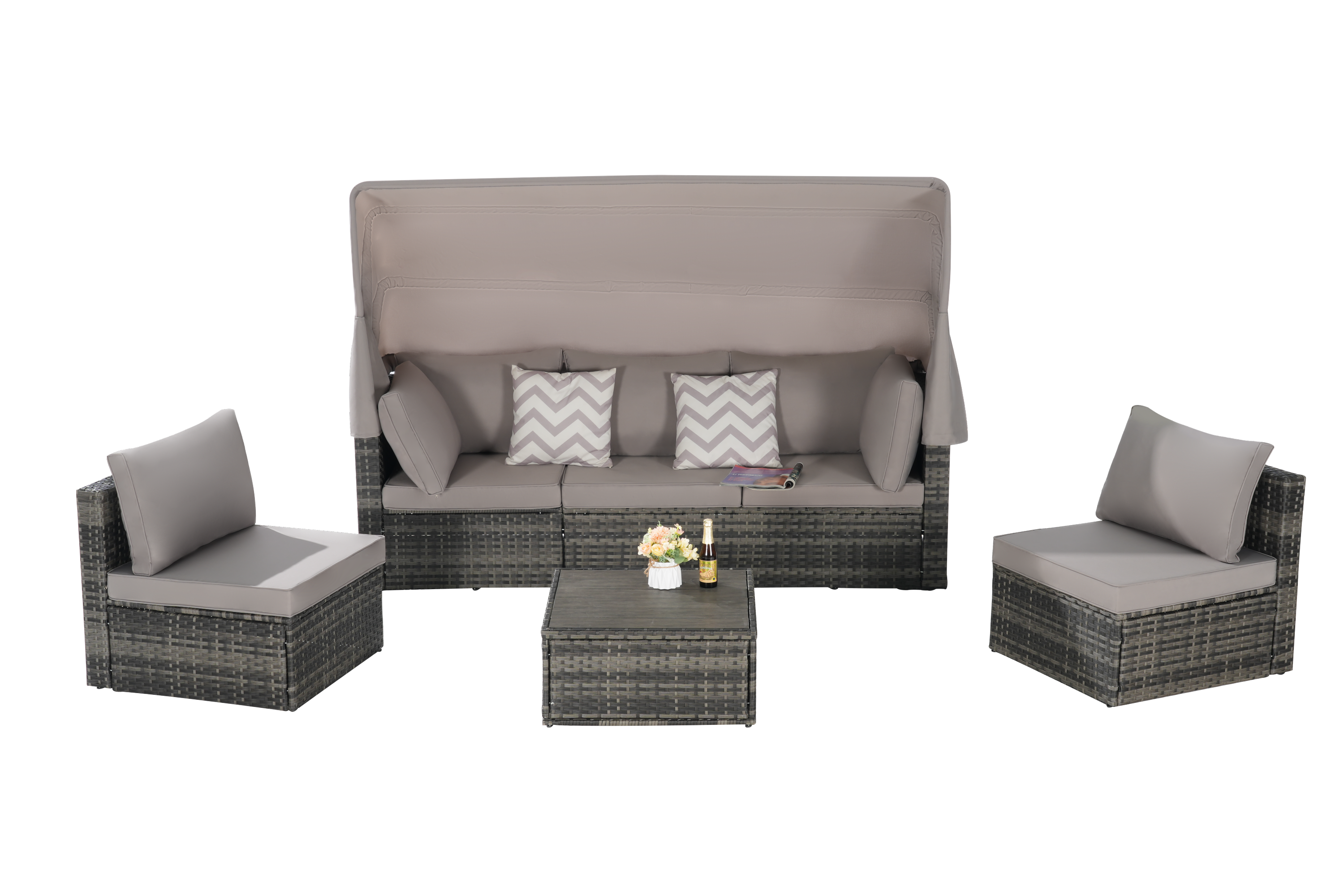 5 Pieces Outdoor Patio Wicker Daybed Furniture Set with Retractable Canopy, Storable Side Table, and Soft Cushions for Relaxing in Your Backyard or Porch