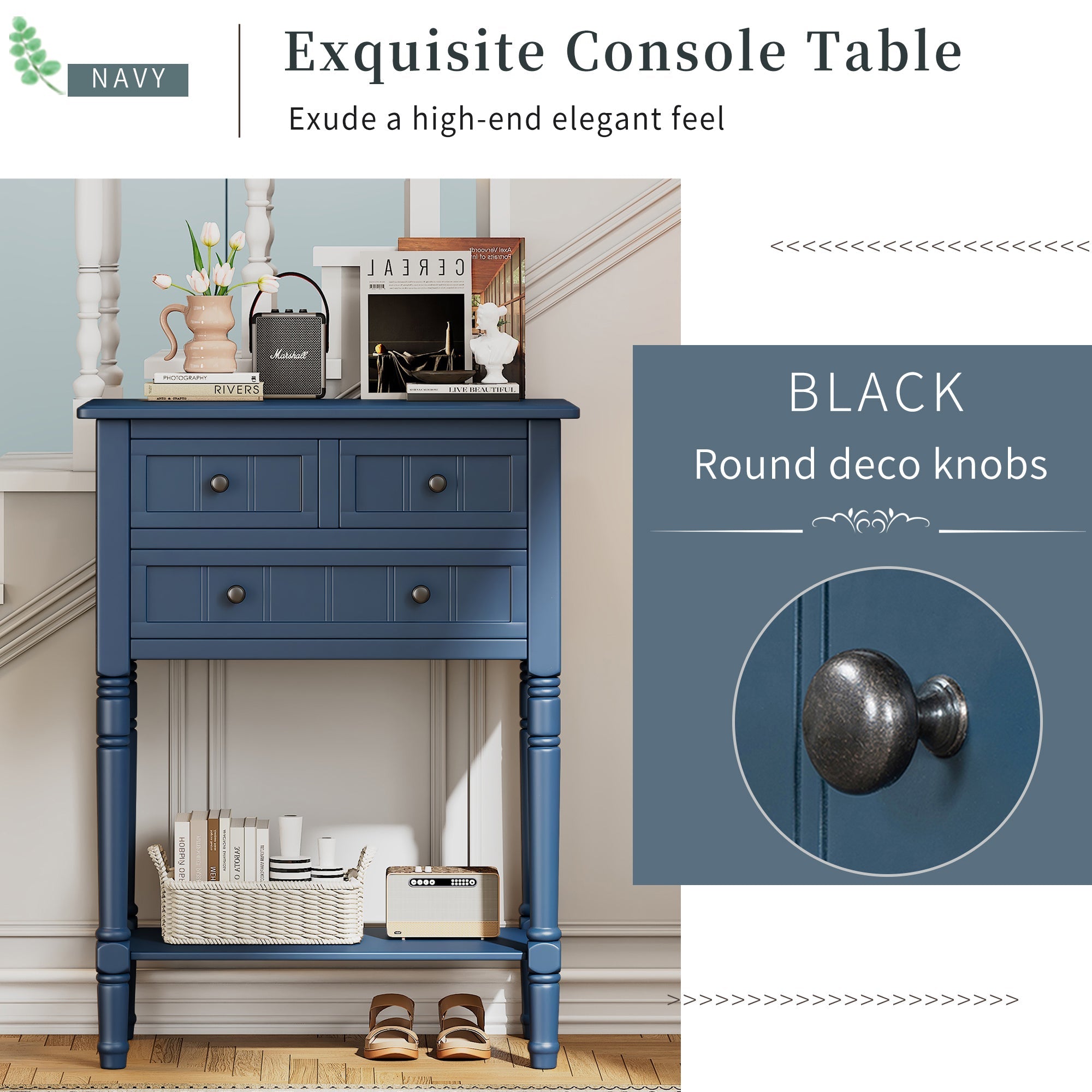 TREXM Narrow Console Table, Slim Sofa Table with Three Storage Drawers and Bottom Shelf (Navy)