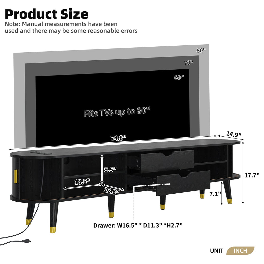 Wooden Oval Fluted TV Stand with Charging Station for TV up to 80', Mid-Century Media Console with Sliding Tambour Door, Farmhouse TV Cabinet with Golden Handle for Living Room, Black