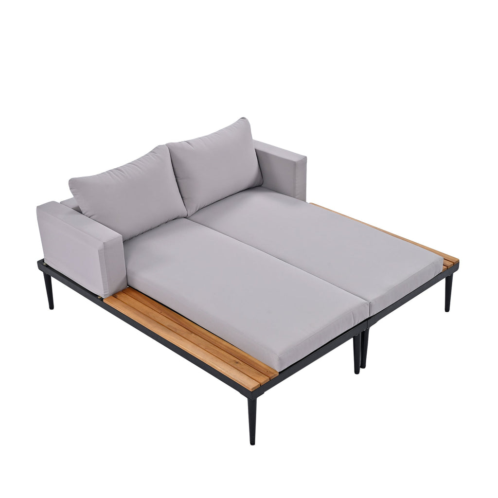 TOPMAX Modern Outdoor Daybed Patio Metal Daybed with Wood Topped Side Spaces for Drinks, 2 in 1 Padded Chaise Lounges for Poolside, Balcony, Deck, Gray