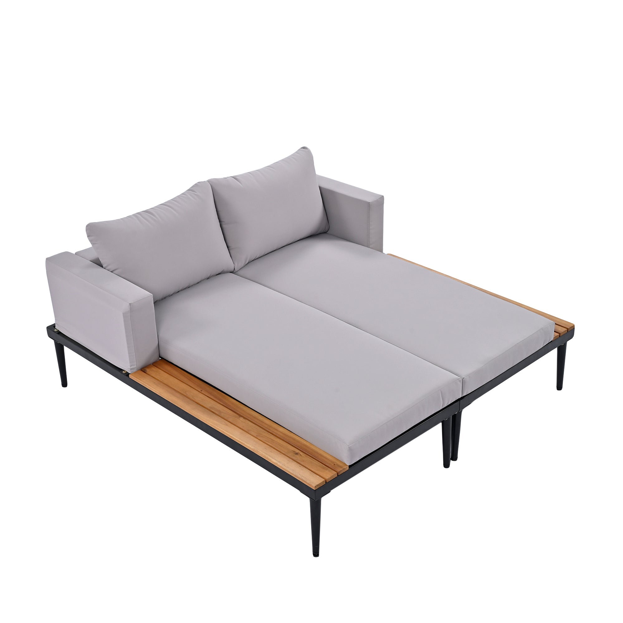 TOPMAX Modern Outdoor Daybed Patio Metal Daybed with Wood Topped Side Spaces for Drinks, 2 in 1 Padded Chaise Lounges for Poolside, Balcony, Deck, Gray