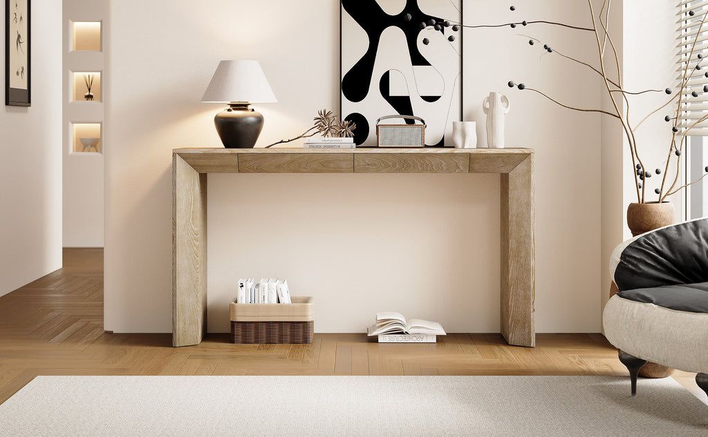 TREXM 60' Modern Farmhouse Console Table with 2 Concealed Drawers, Waterfall Design Entryway Table with Thickened Legs & Rustic Wood Grain for Living Room, Entryway & Hallway (Natural)