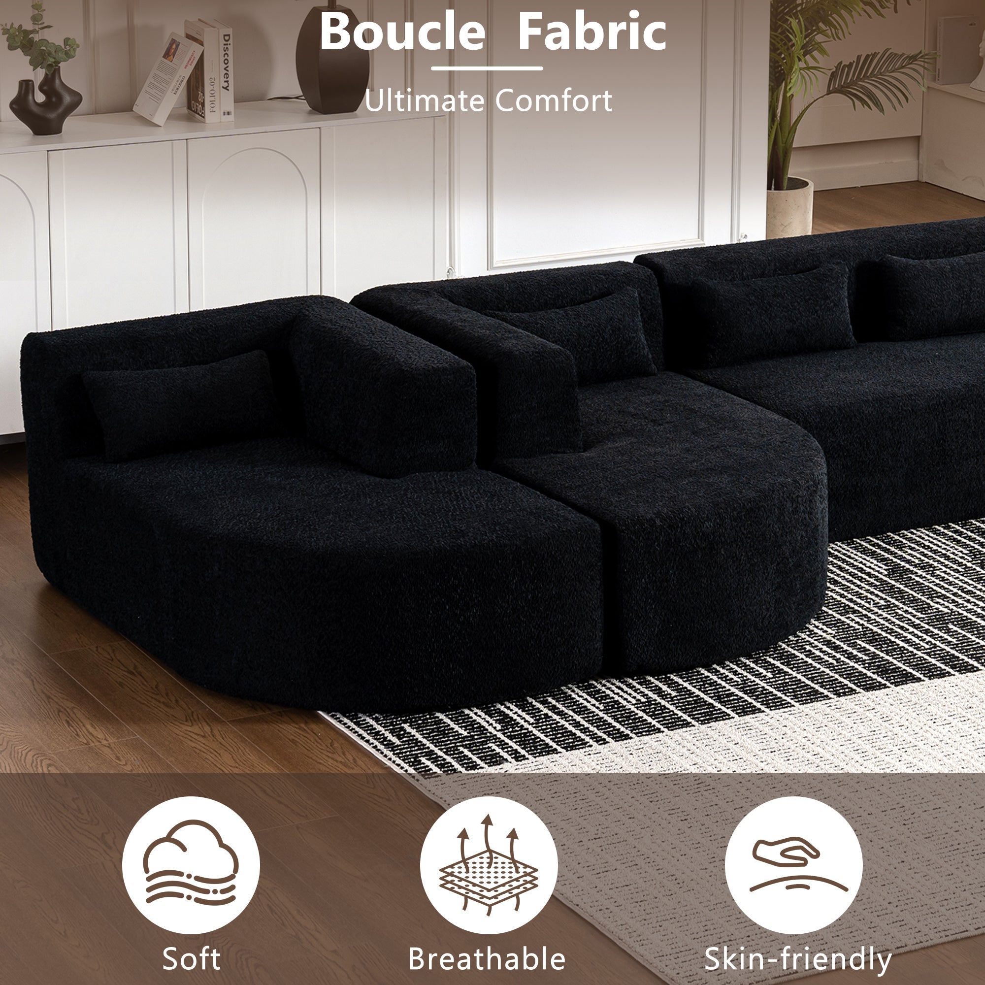 144' Upholstered Sofa Free-combined Sofa Couch with Two Chaise Lounge and Five Back Pillows for Living Room(Old SKU: N719S001600B), Black