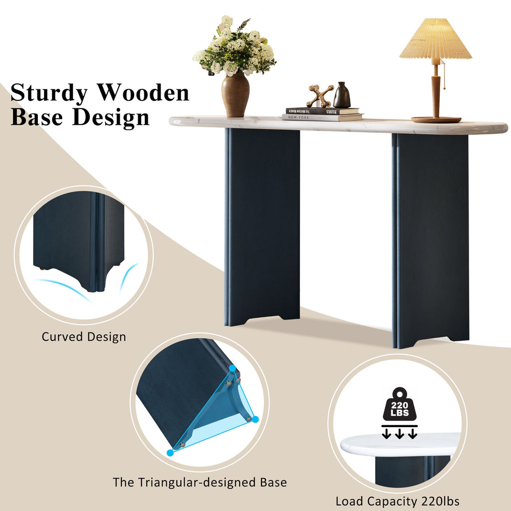 TREXM Narrow Console Table, Entryway Table with Oval Faux Marble Top, Rustic Sofa Table with Curved Legs, Hallway Accent Table for Entrance and Living Room (Navy+White)