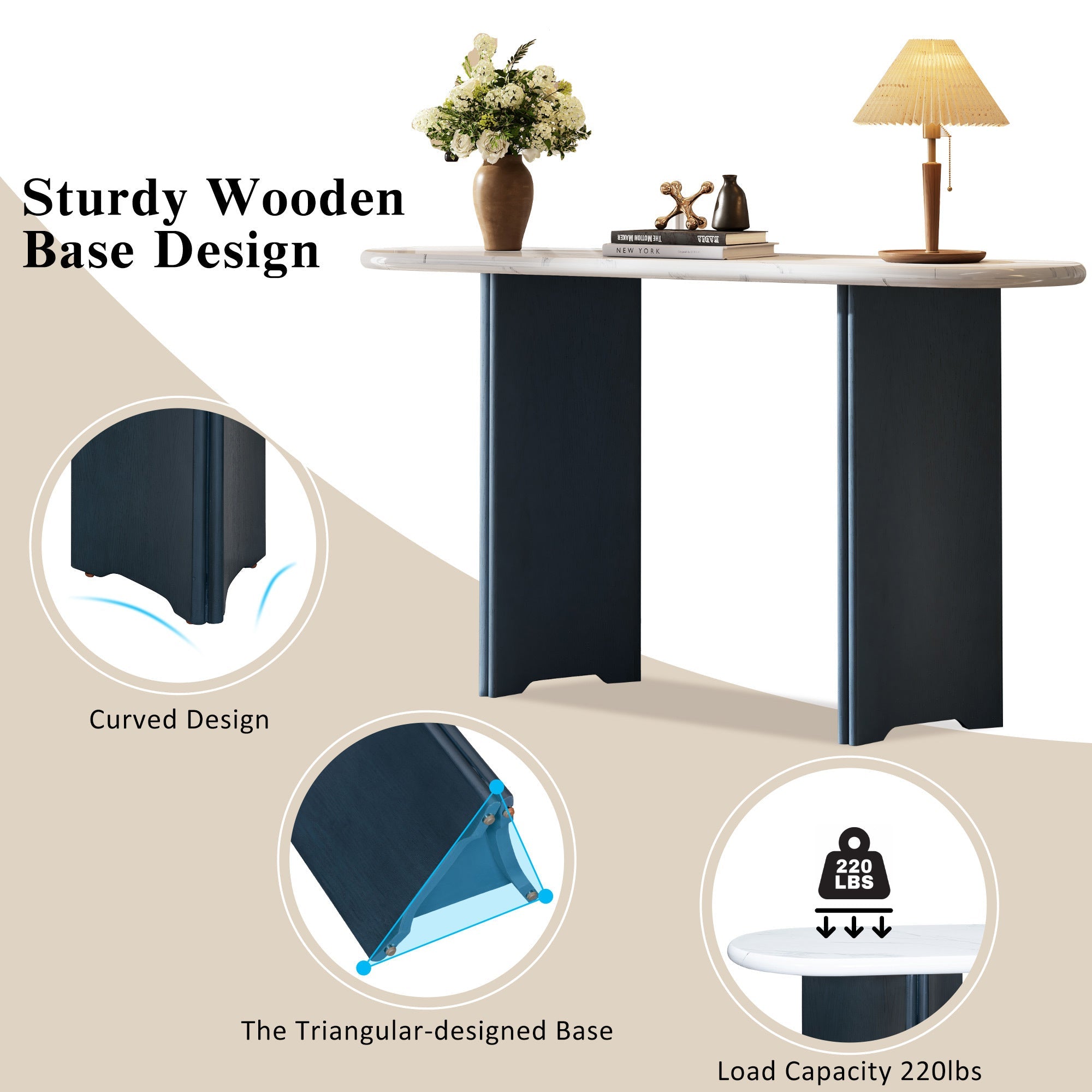 TREXM Narrow Console Table, Entryway Table with Oval Faux Marble Top, Rustic Sofa Table with Curved Legs, Hallway Accent Table for Entrance and Living Room (Navy+White)