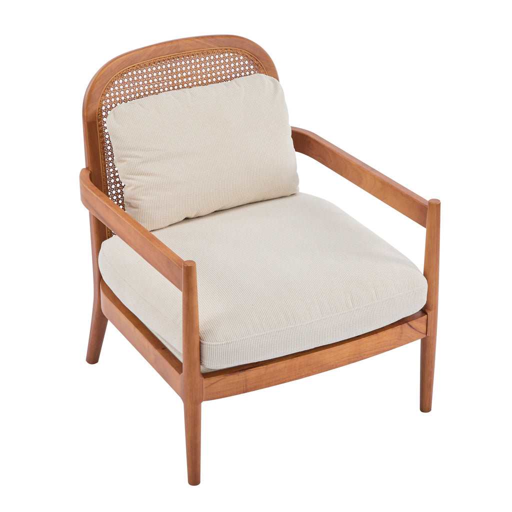 [Set of 2]  26.6' Mid-Century Modern Accent Chair with Walnut Finish Solid Wood Frame and Rattan Backrest, Beige Cushion with Striped Fabric,  Comfy Armchairs for Living Room, Bedroom, Reading Nook