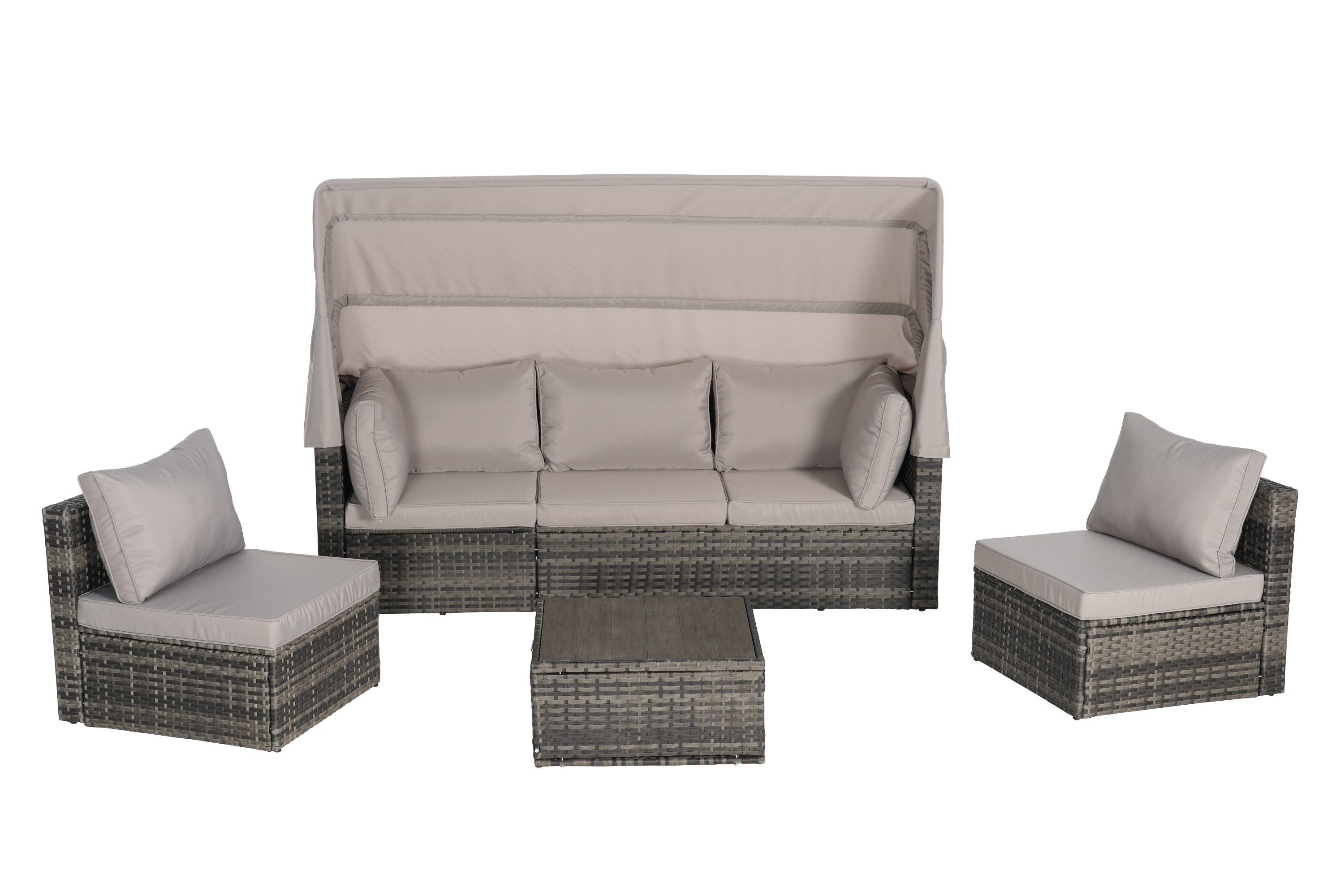 5 Pieces Outdoor Patio Wicker Daybed Furniture Set with Retractable Canopy, Storable Side Table, and Soft Cushions for Relaxing in Your Backyard or Porch