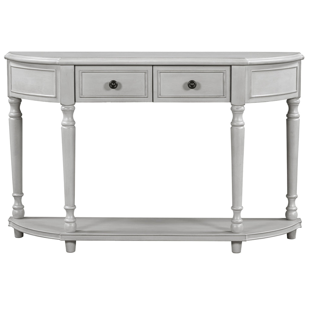 TREXM Retro Circular Curved Design Console Table with Open Style Shelf Solid Wooden Frame and Legs Two Top Drawers (Gray Wash, OLD SKU: WF298768AAE)
