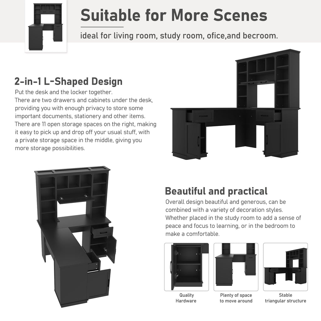 L-shaped computer desk with 2 cabinets and 2 drawers underneath the table, 11 open shelves and a flip-up shelf with storage on the right side, suitable for study, living room and office, Black