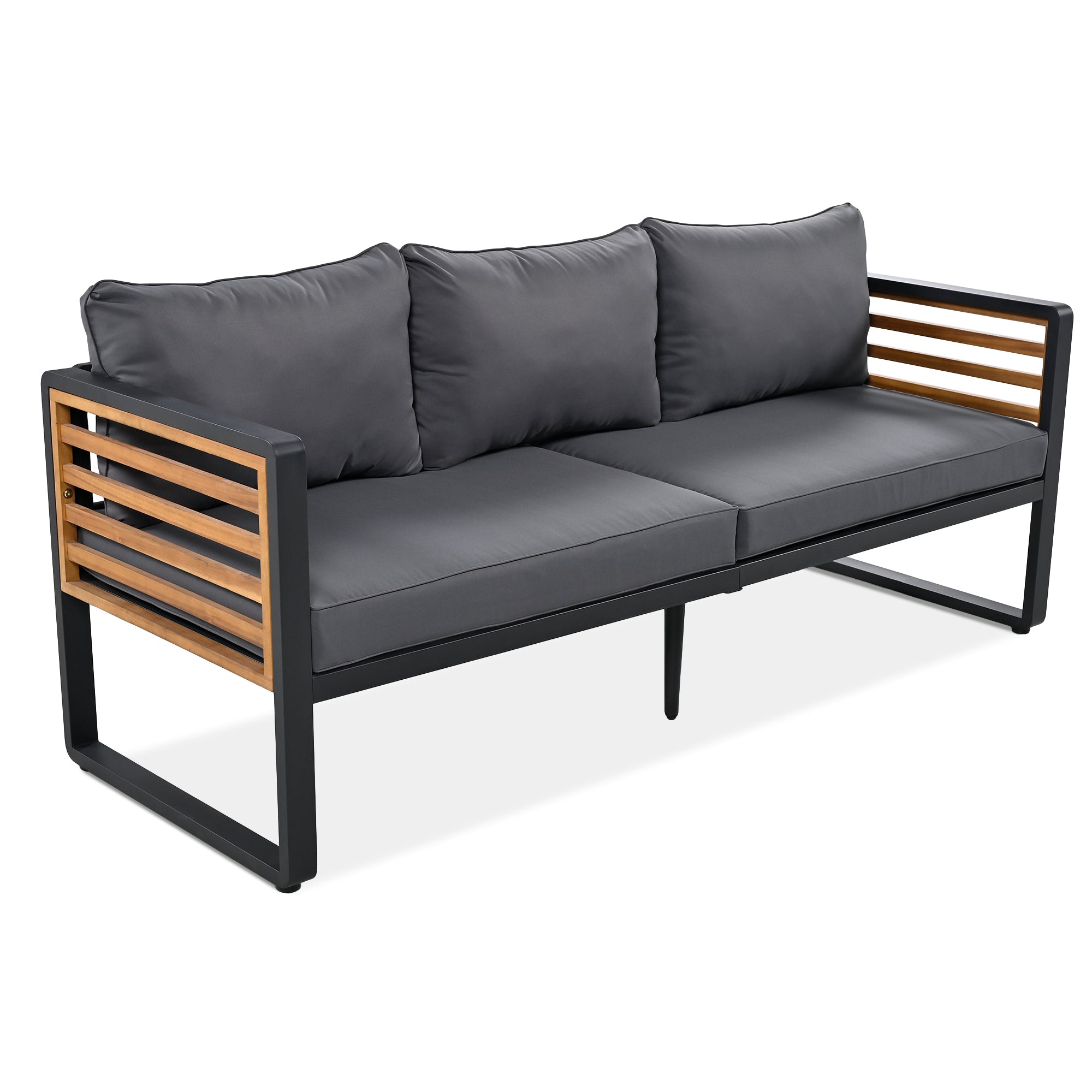 GO Large Size 4-pieces Outdoor Furniture sofa for 5 Person Conversation Set, Garden Sofa Set With Removable Cushion, Metal And Wood Frame Sofa set, Thick Cushions, Acacia Wood Tabletop, Gray