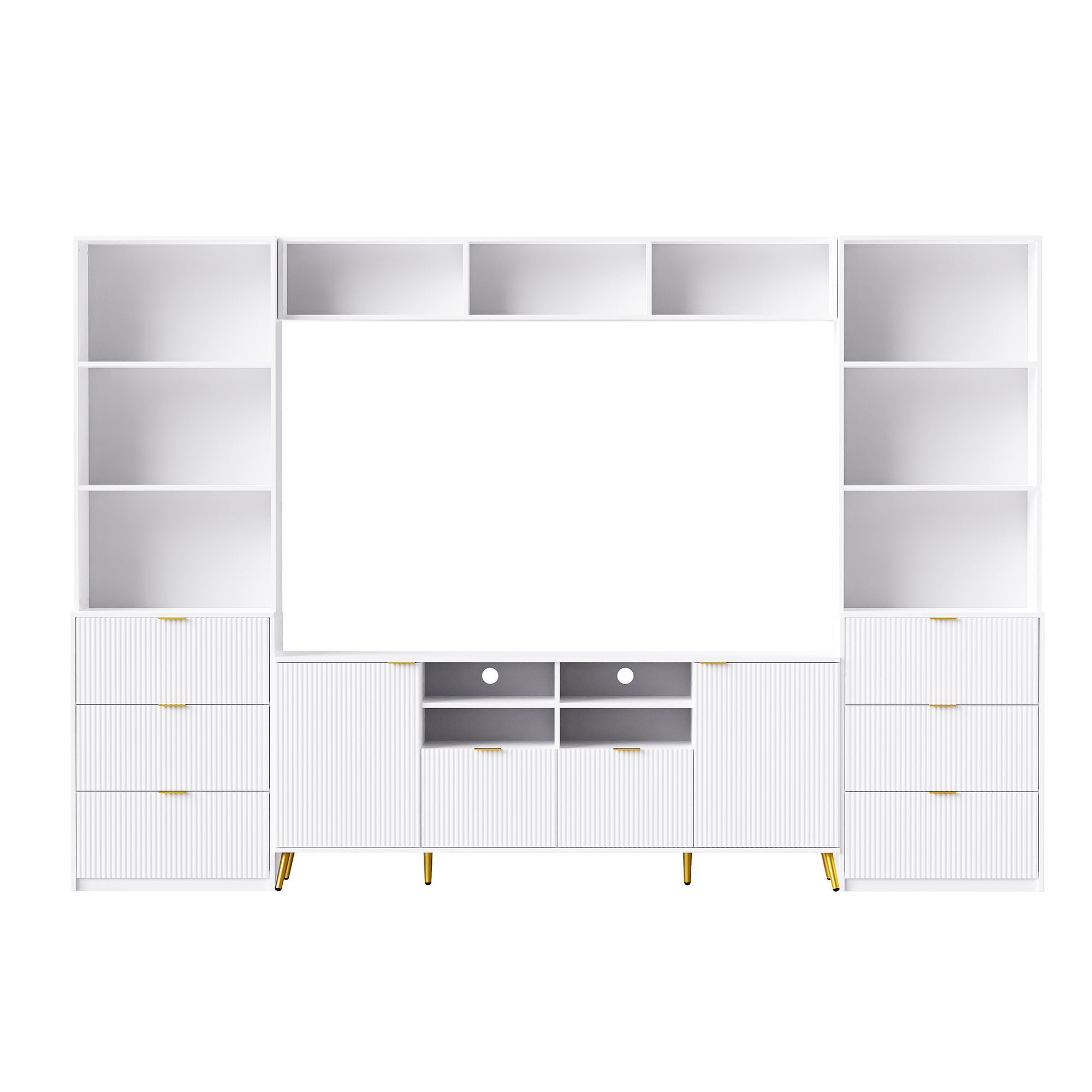 U-Can 4-Piece Entertainment Wall Unit with 13 shelves,8 Drawers and 2 Cabinets, Multifunctional TV Stand Media Storage Cabinet with Fluted Line Surface for Living Room, for TVs Up to 70'