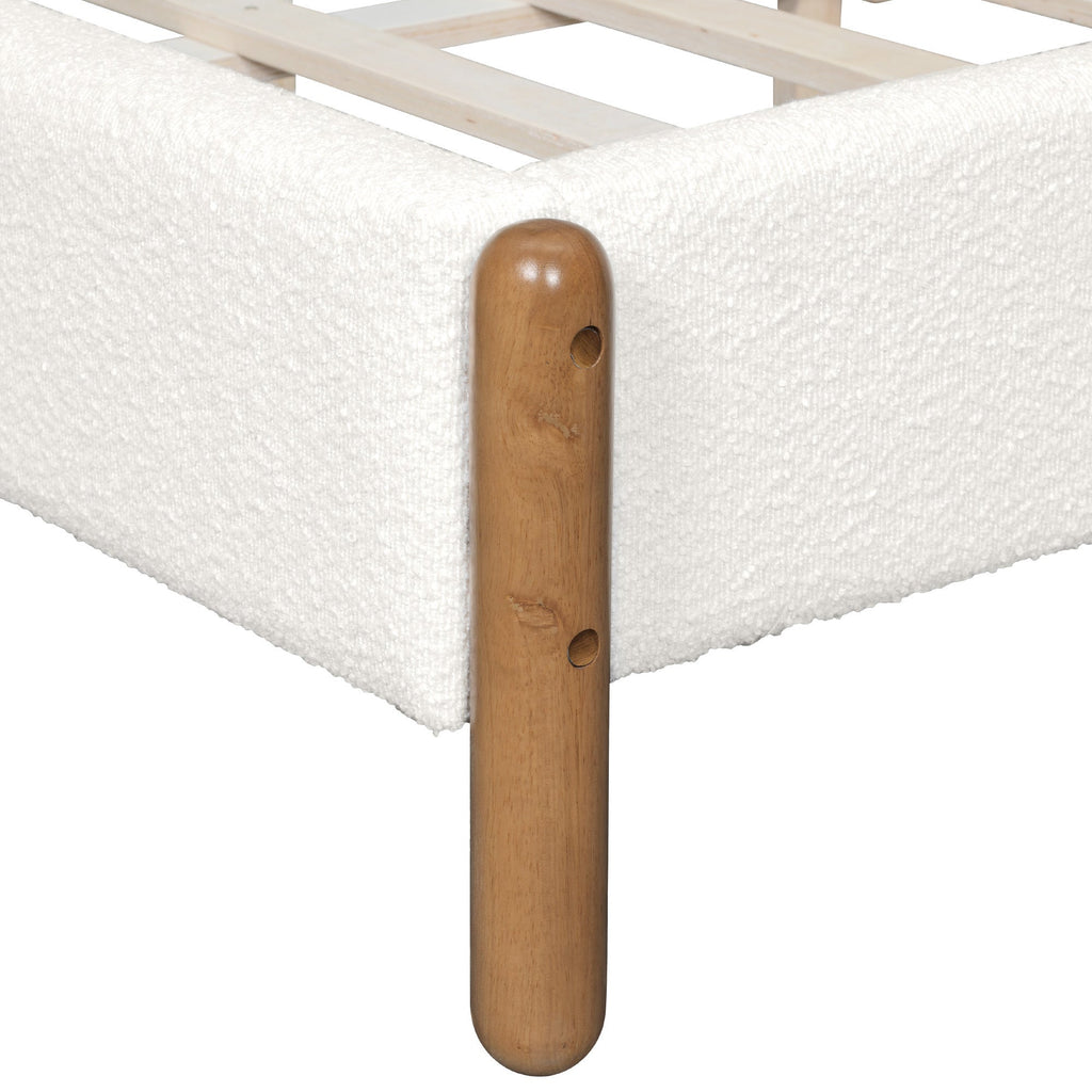 California King Size Bed Frame with Boucle Upholstered Thick Headboard, Solid Wooden Legs, White