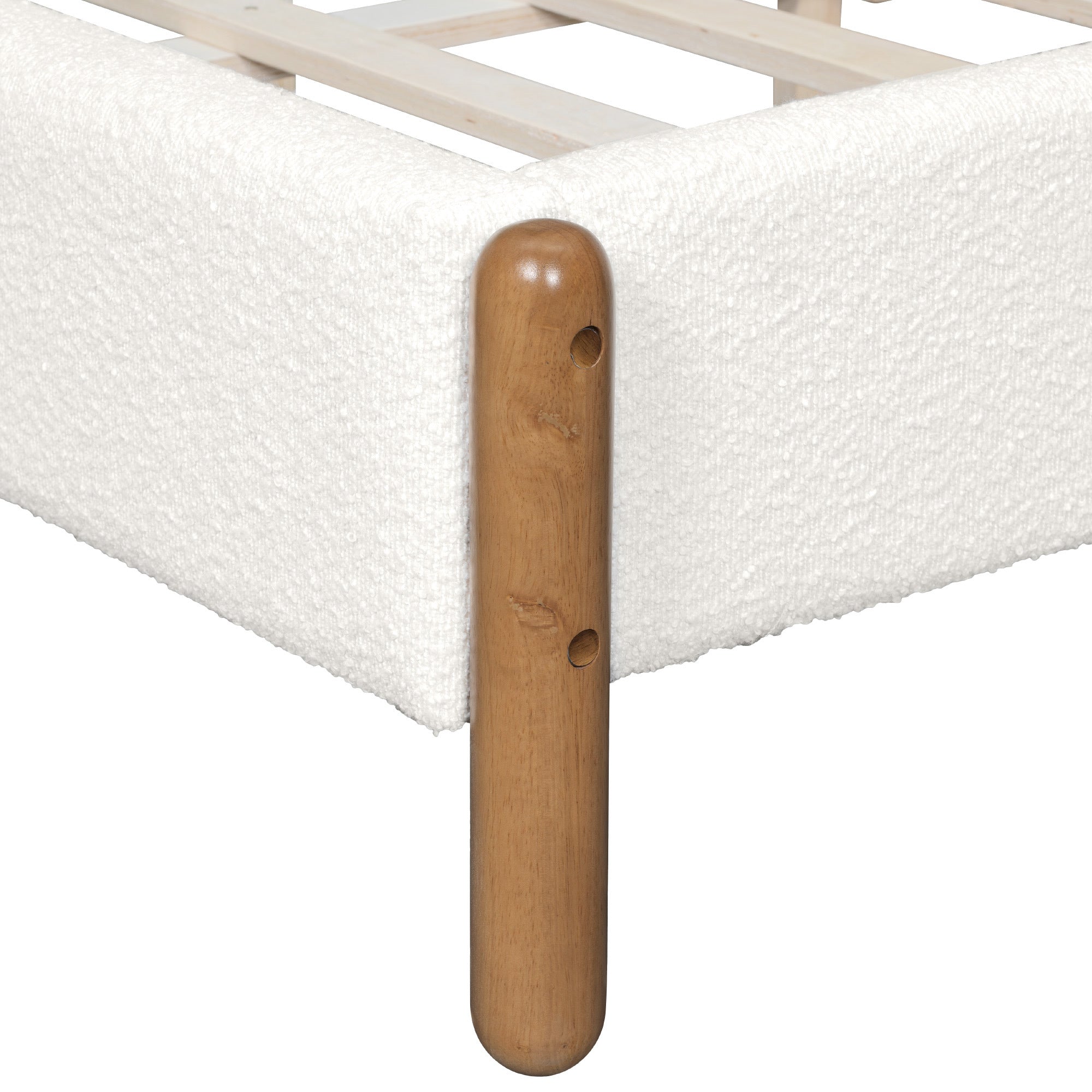 California King Size Bed Frame with Boucle Upholstered Thick Headboard, Solid Wooden Legs, White