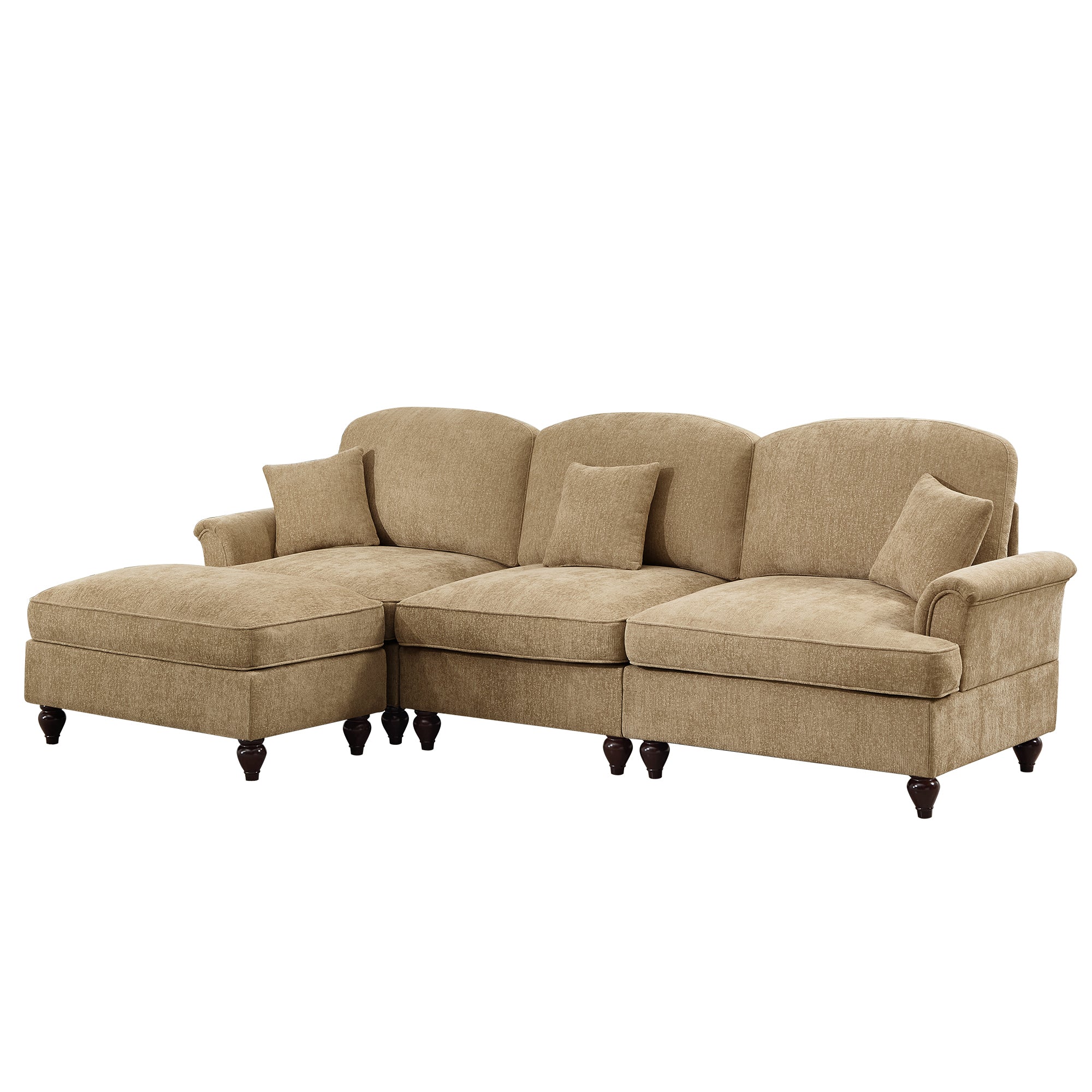 Mid Century Three Seater Modular L Shaped Sectional Couch with Flared Arms and Removable Ruffles Pleats Skirts and Spindle Legs, Comfy Chenille 3-Seat Deep Seat Sofa with Movable Ottoman,Light Coffee