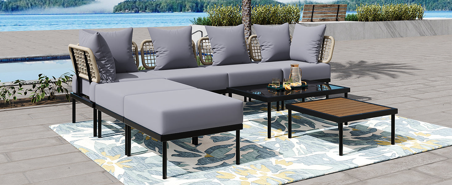 TREXM 8-Piece Patio Sectional Sofa Set with Tempered Glass Coffee Table and Wooden Coffee Table for Outdoor Oasis, Garden, Patio and Poolside (Light Grey Cushion + Black Steel)