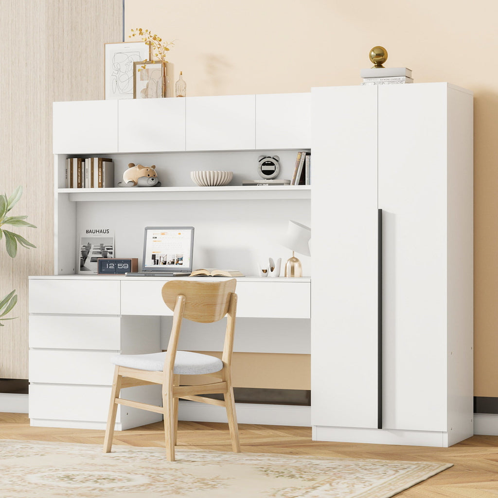 2 Door Wooden Storage Desk Wardrobe for Bedroom with Shelves and Drawers, White