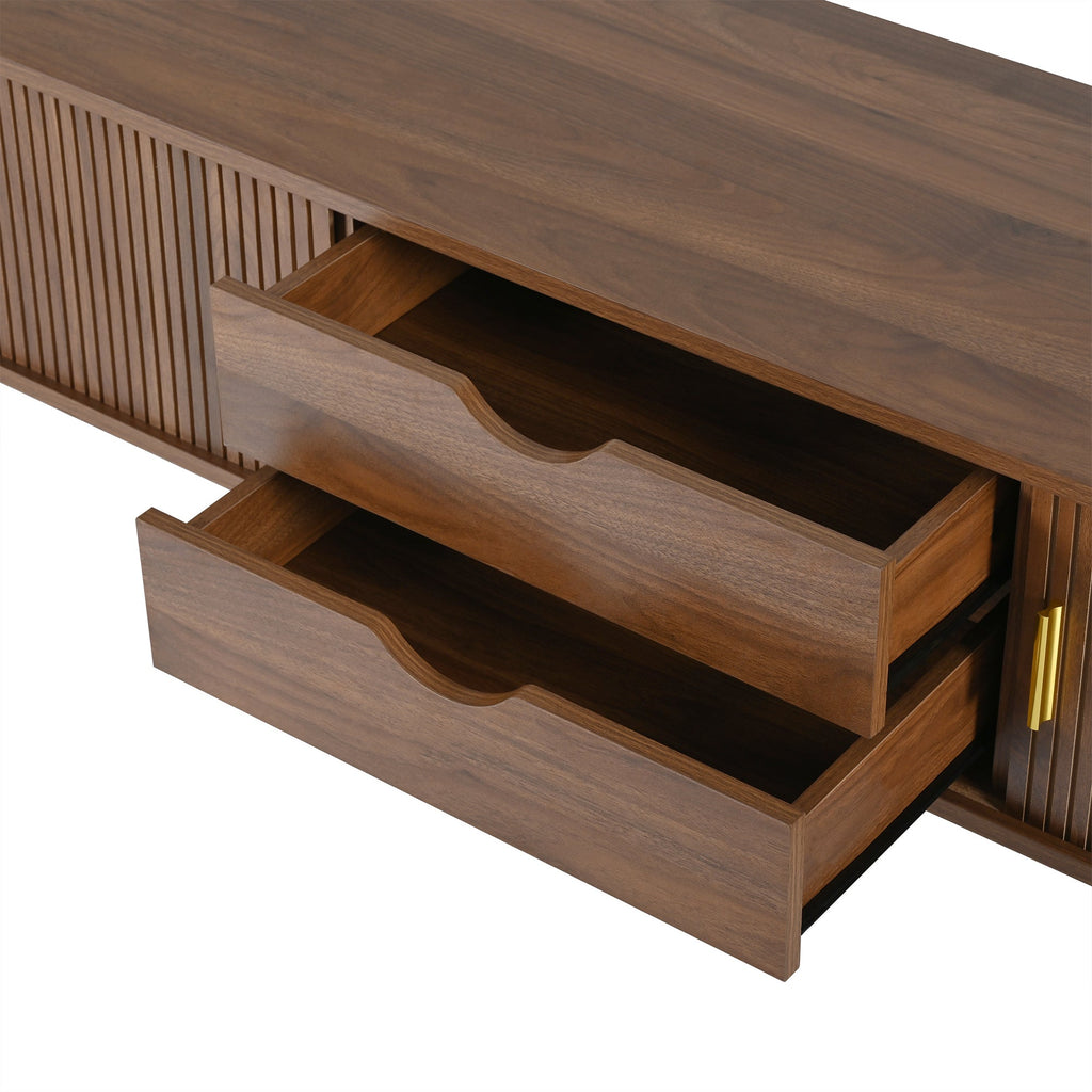 Wooden Farmhouse TV Stand & Coffee Table Set with Charging Station, Oval Fluted Media Console with Sliding Doors for TVs up to 80', Mid-Century Center Table with Solid Wood Legs for Living Room,Walnut