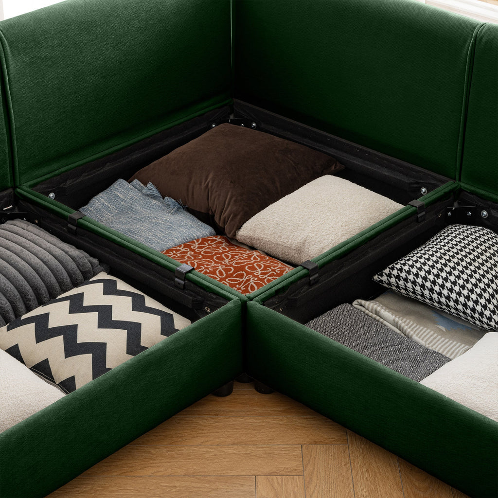 Modern 6-Piece Modular Sectional Sofa with Storage Soft Green Chenille Fabric  Contemporary Cylindrica Design for Living Room