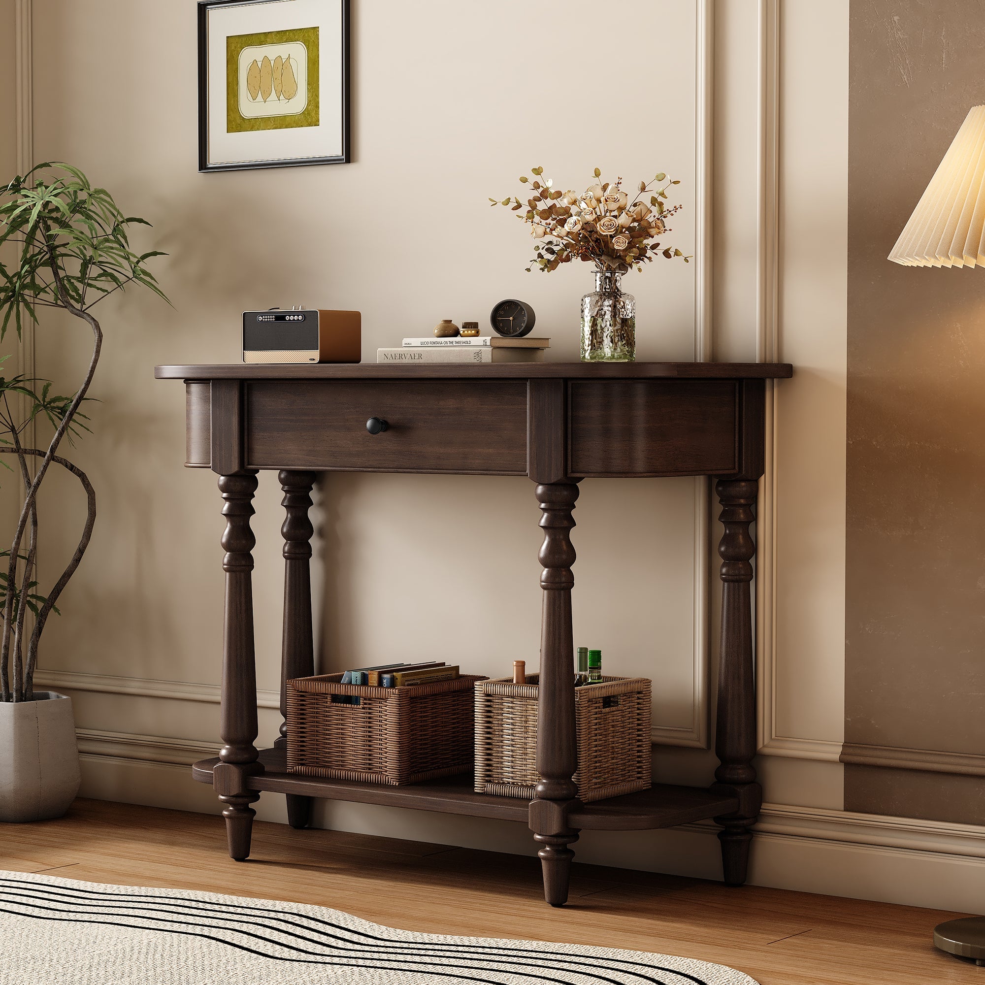TREXM Narrow Console Table with Curved Corner, Retro Entryway Table with Top Drawer and Open Shelf, Sofa Table Console Tables for Entryway, Hallway and Living Room (Espresso)
