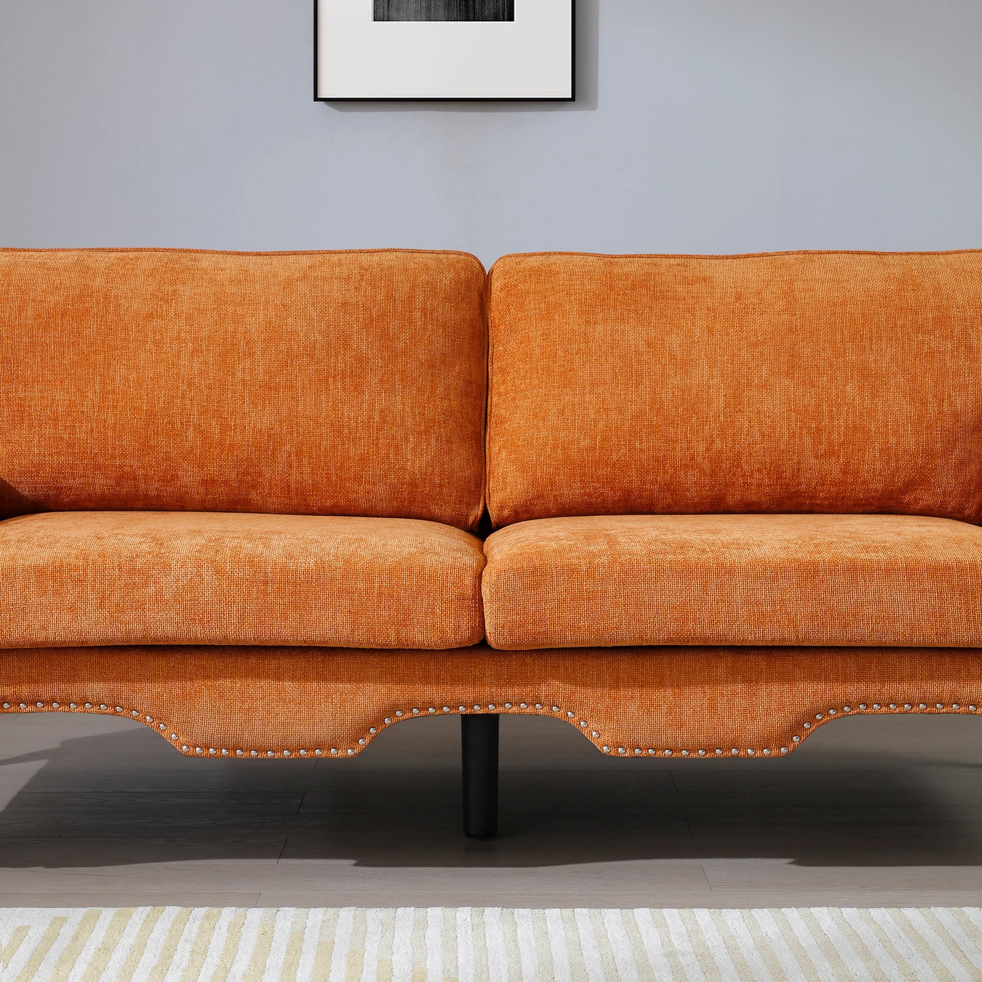 80-Inch Modern Velvet 3 seat Sofa with Wooden Legs & Crystal button and Copper Nail, Tufted Backrest, Perfect for Living Room, Bedroom, or Office (Orange)
