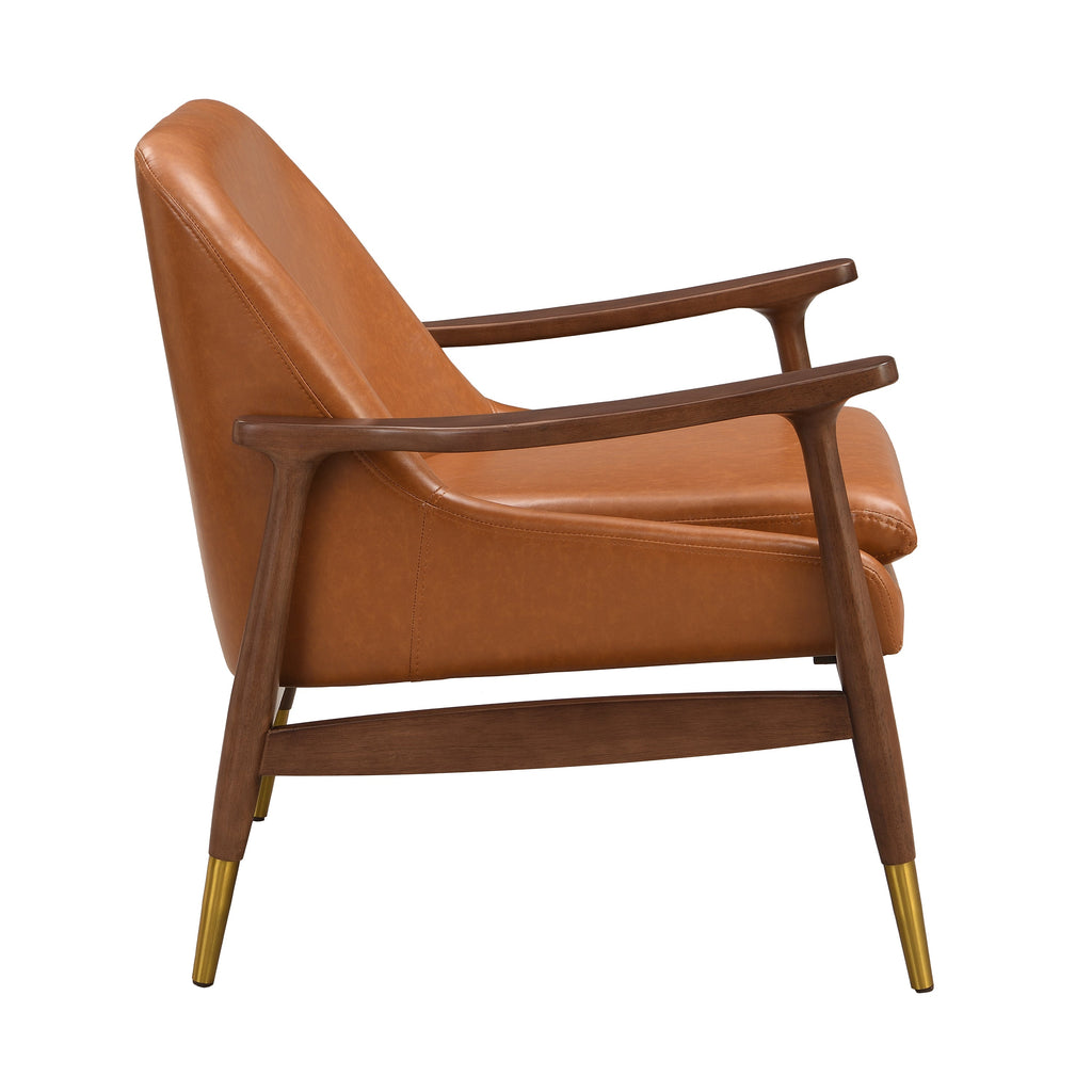 Mid-Century Faux Leather Accent Chair with Cushioned Seat, Solid Wood Frame, Brass-Tipped Legs, Brown