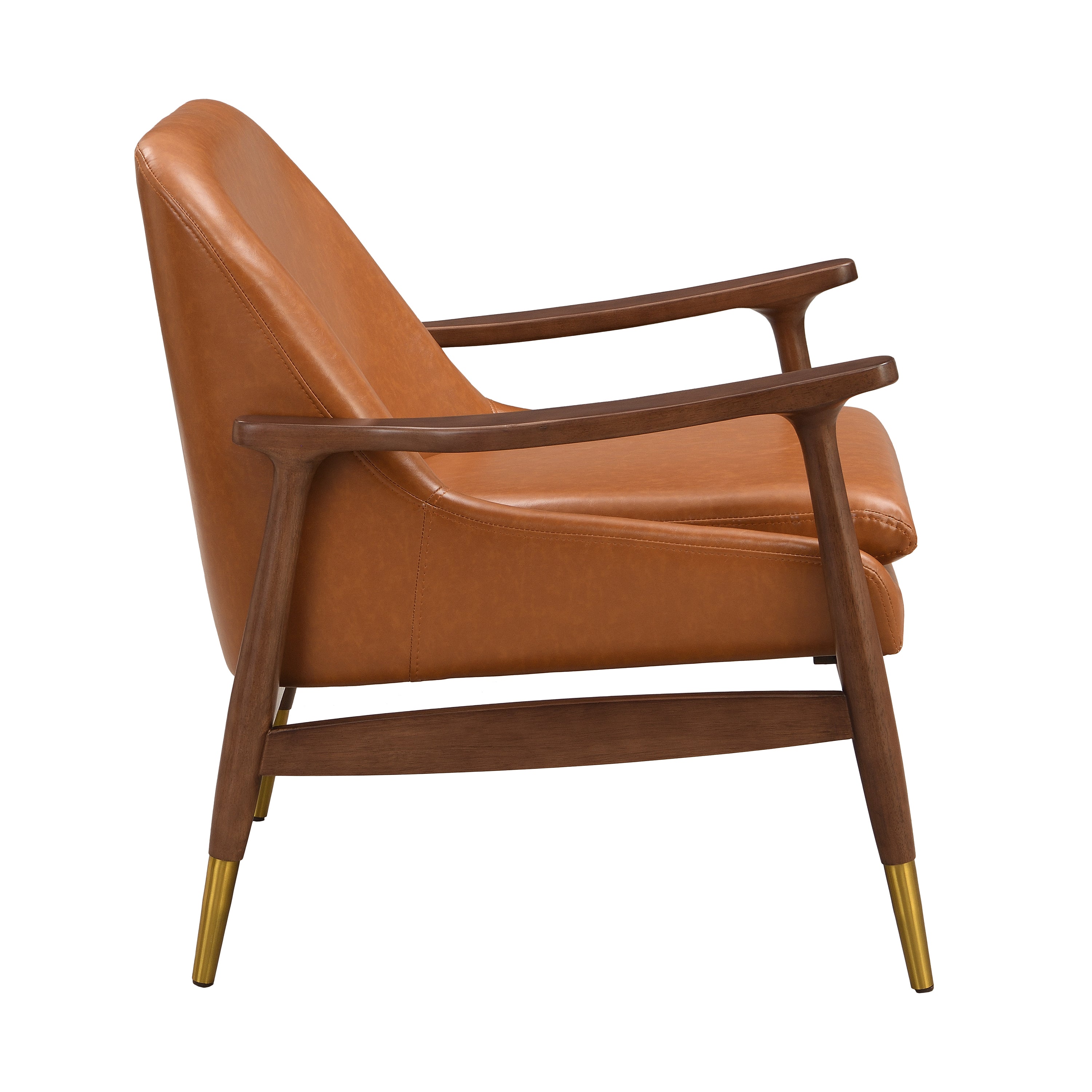 Mid-Century Faux Leather Accent Chair with Cushioned Seat, Solid Wood Frame, Brass-Tipped Legs, Brown