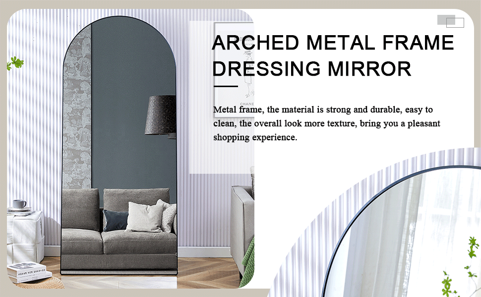 The 4th generation floor standing full-length rearview mirror. Black metal framed arched wall mirror, bathroom makeup mirror, floor standing mirror with bracket. Black 71 "* 31"  AM