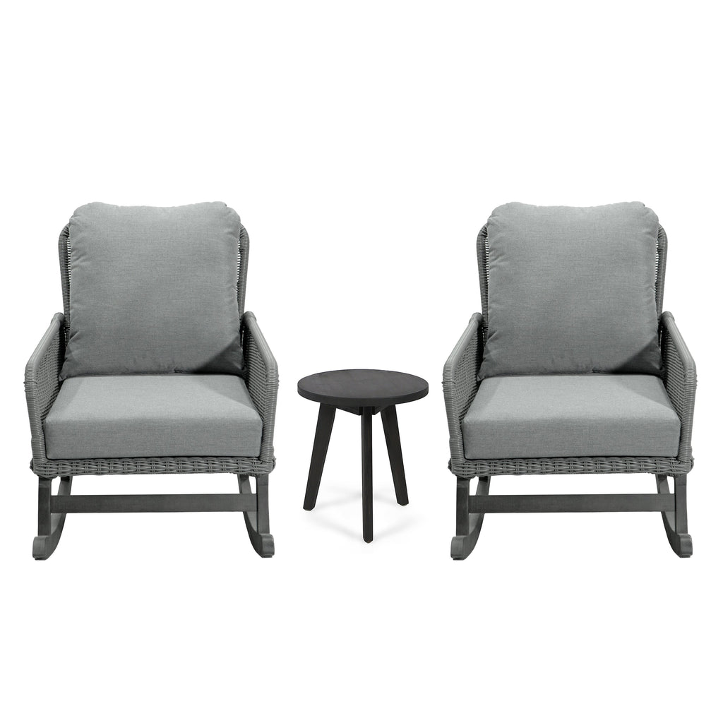 Modern 3-Piece Outdoor Seating Set with Gray Cushioned PE Rattan Rocking Chairs and Wooden Accent Table, Perfect for Patio or Balcony Relaxation