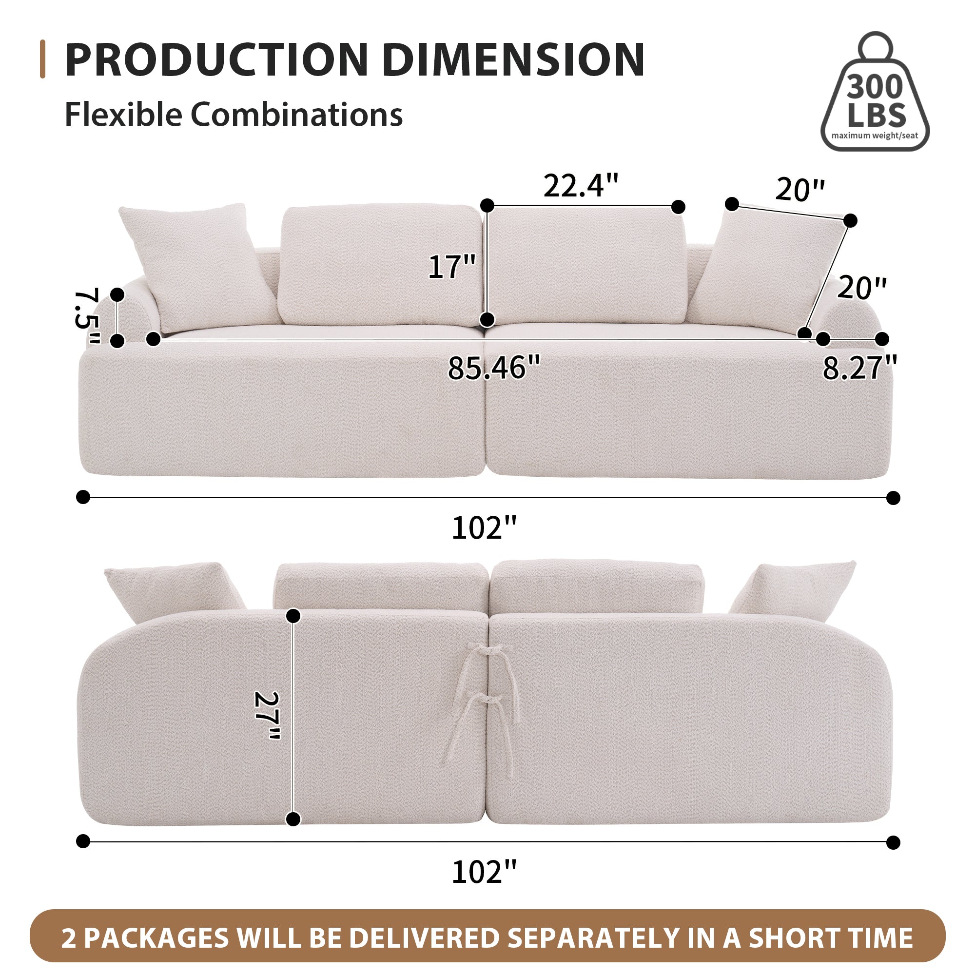 LY-024 BEIGE COMPRESSION SOFA: 4-seater combined sofa, Crochet Yarn Fabric, full sponge compression sofa,combined sofa with 4 pillows for home living/ Home Furniture/ Apartment
