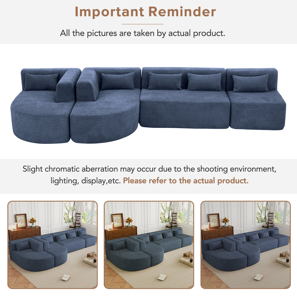 144' Upholstered Sofa Free-combined Sofa Couch with Two Chaise Lounge and Five Back Pillows for Living Room, Blue