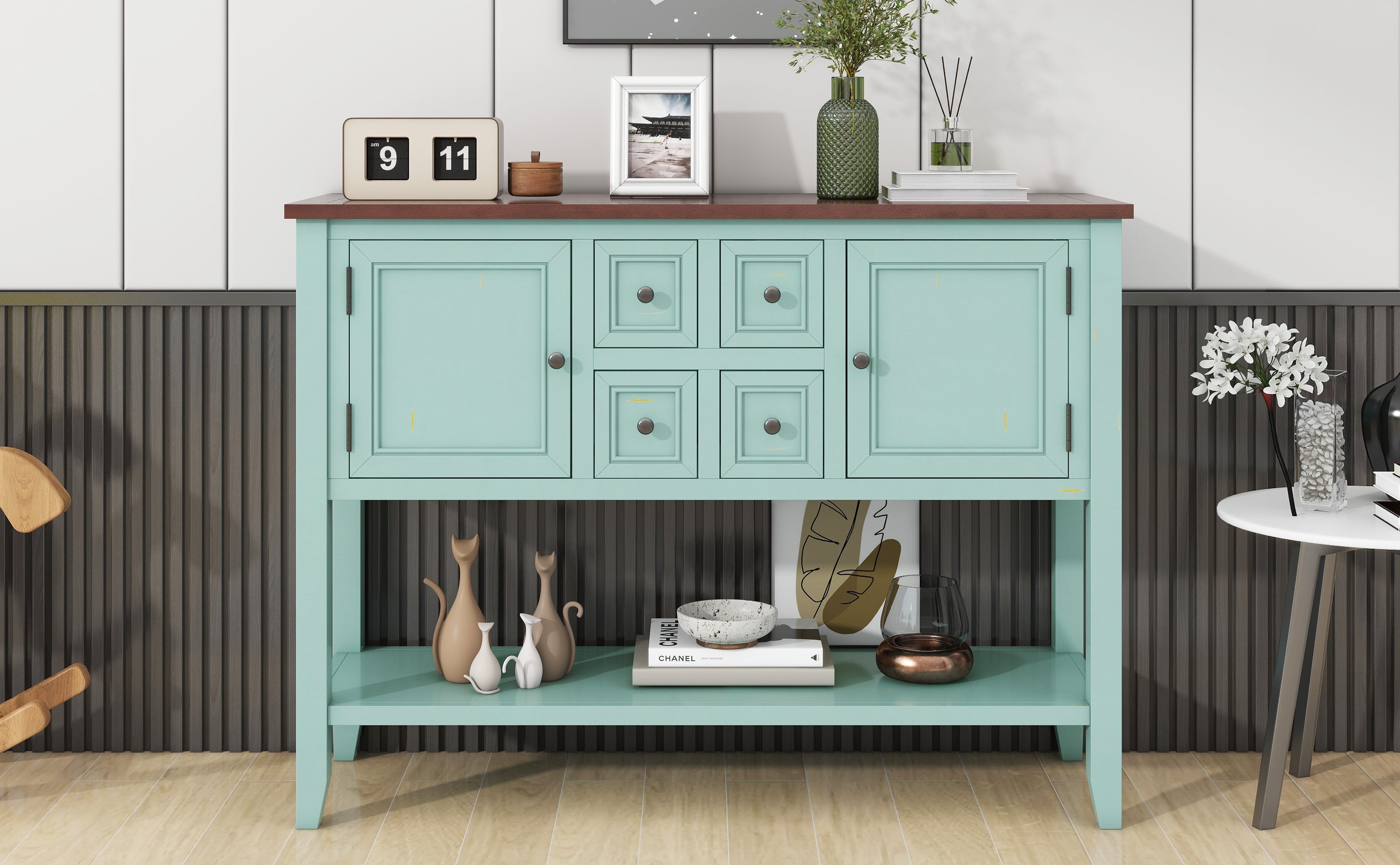 TREXM Cambridge Series  Ample Storage Vintage Console Table with Four Small Drawers and Bottom Shelf for Living Rooms, Entrances and Kitchens (Retro Blue, OLD SKU: WF190263AAC)