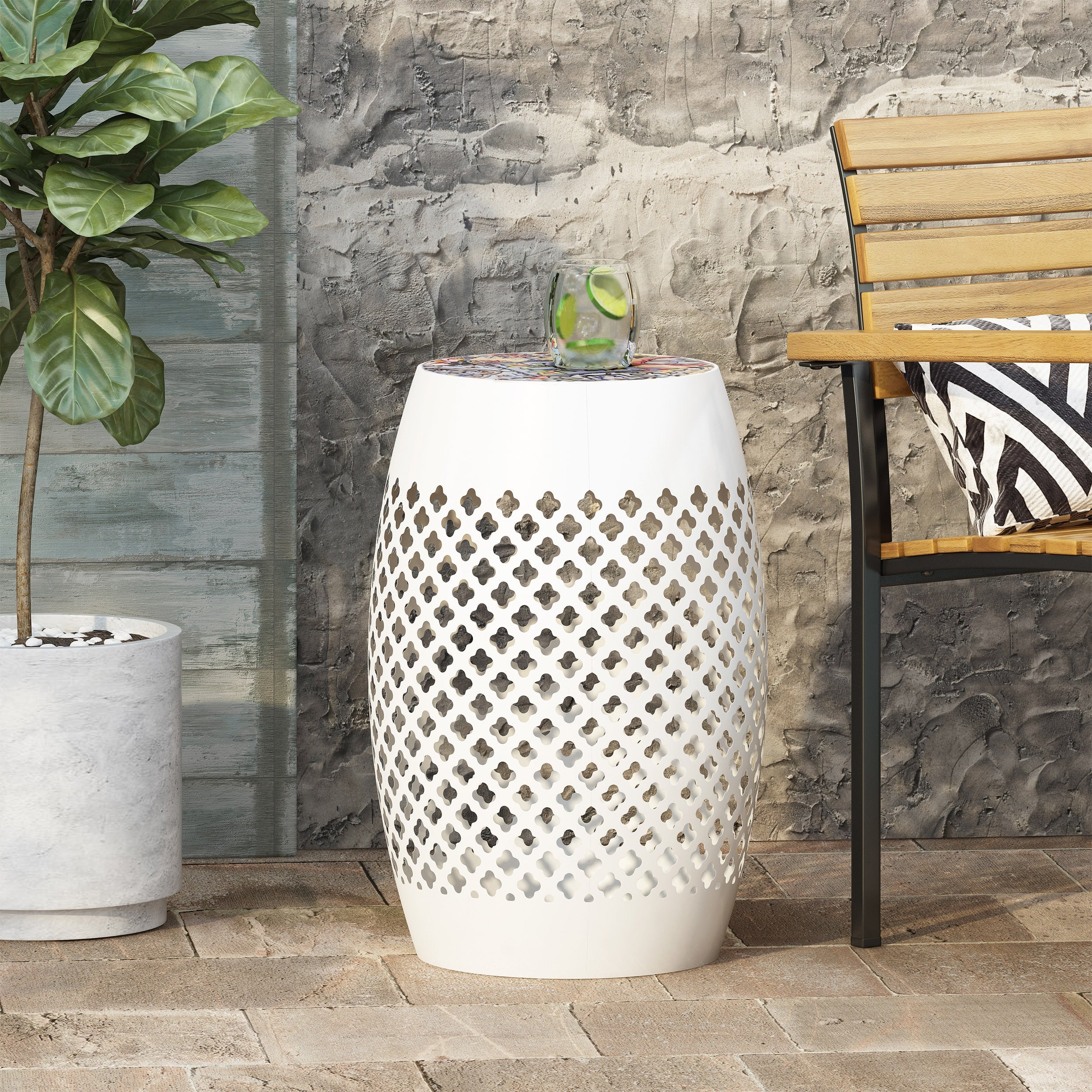Transitional ROSWELL Side Table with Tile Mosaic Top and Lace Cut Metal Frame in White, Iron, 12.25x12.25x18 Inches