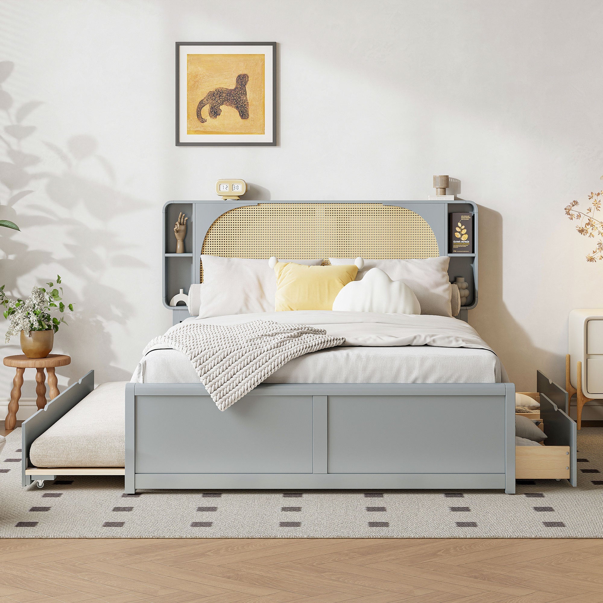 Queen Size Rattan Headboard Bed with Two Drawers and Trundle, Gray