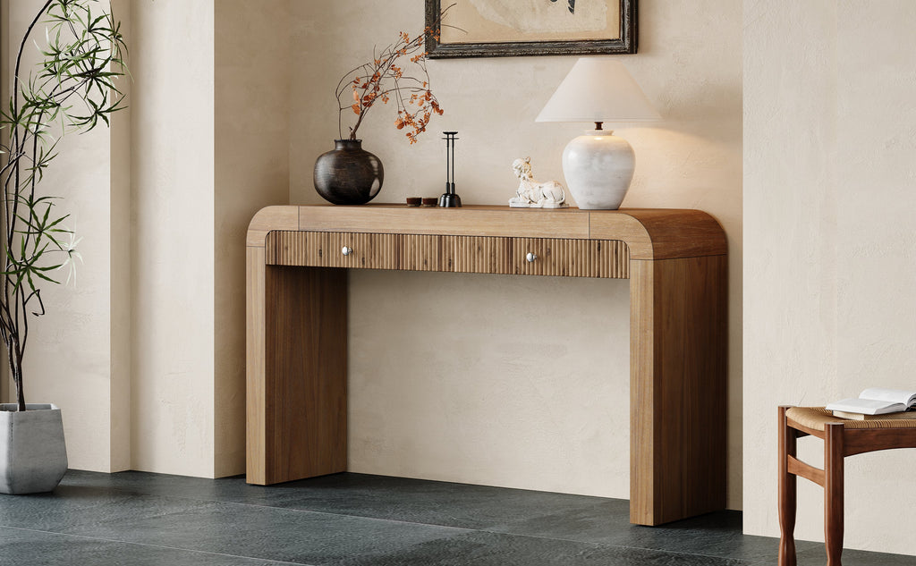 TREXM Rustic Console Table with Fluted Drawer Front, Entryway Table with Curved Corners & Thick Legs, Sturdy Sofa Table for Hallway & Living Room (Natural)