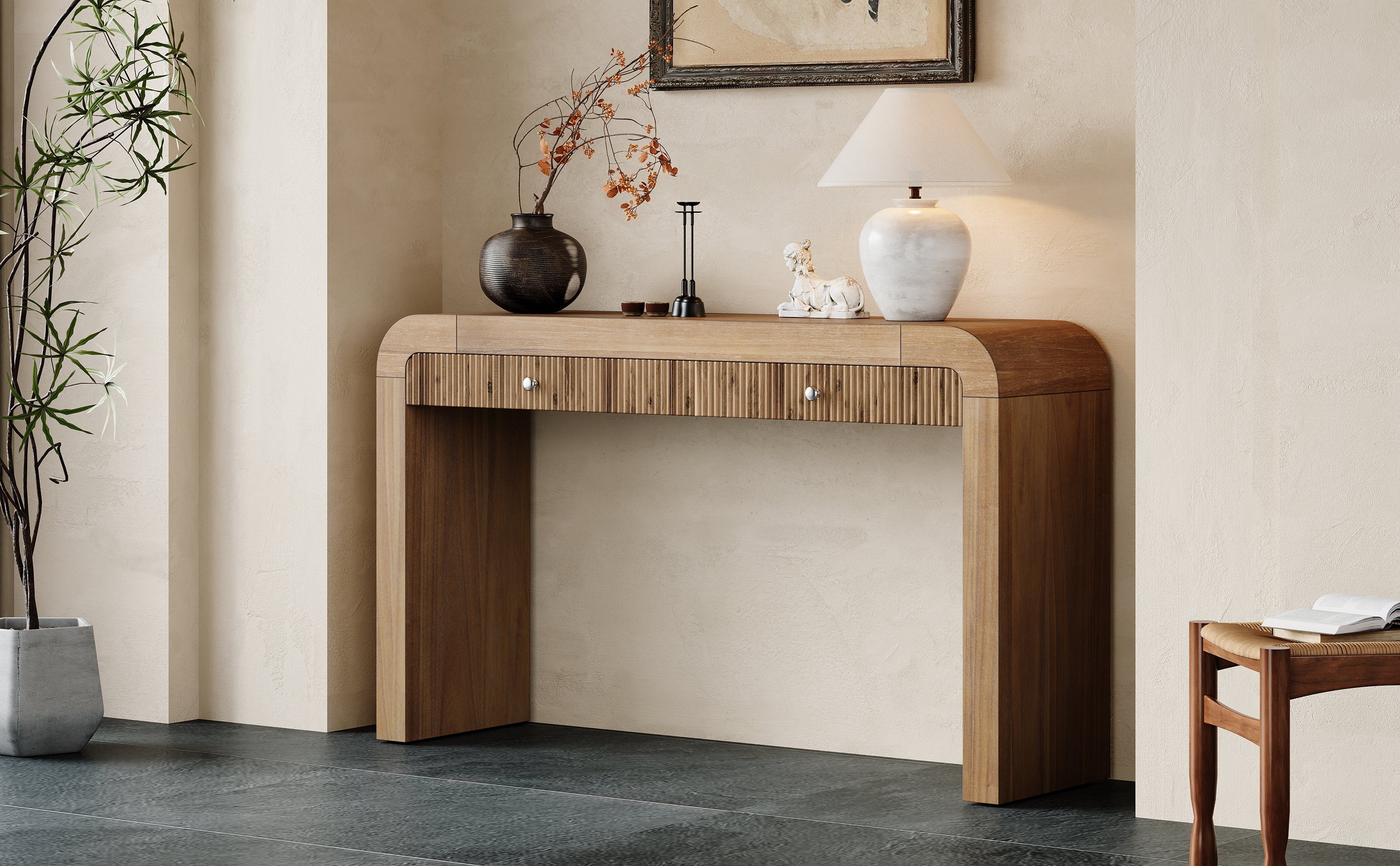 TREXM Rustic Console Table with Fluted Drawer Front, Entryway Table with Curved Corners & Thick Legs, Sturdy Sofa Table for Hallway & Living Room (Natural)