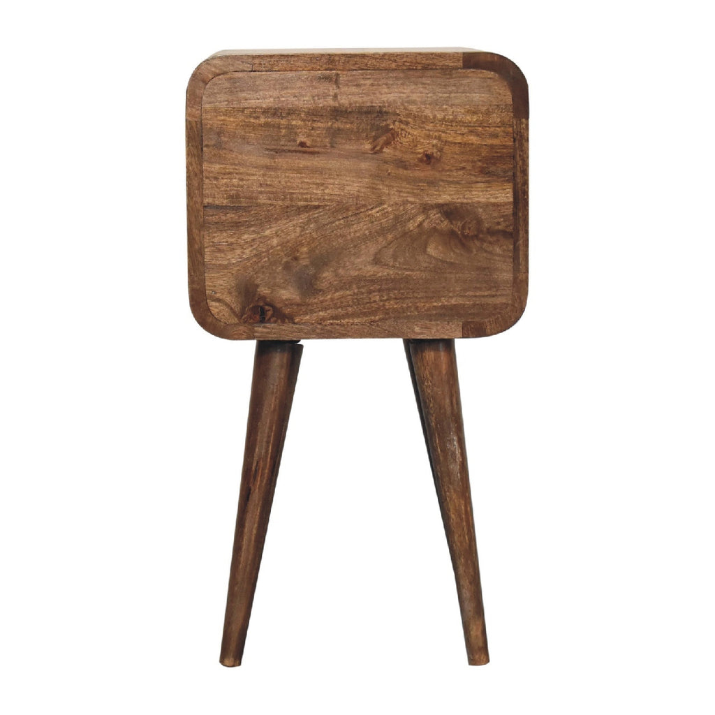 Solid Wood Mini Curved Grey Washed Nightstand, 2-Drawers, Nordic Legs, Brown